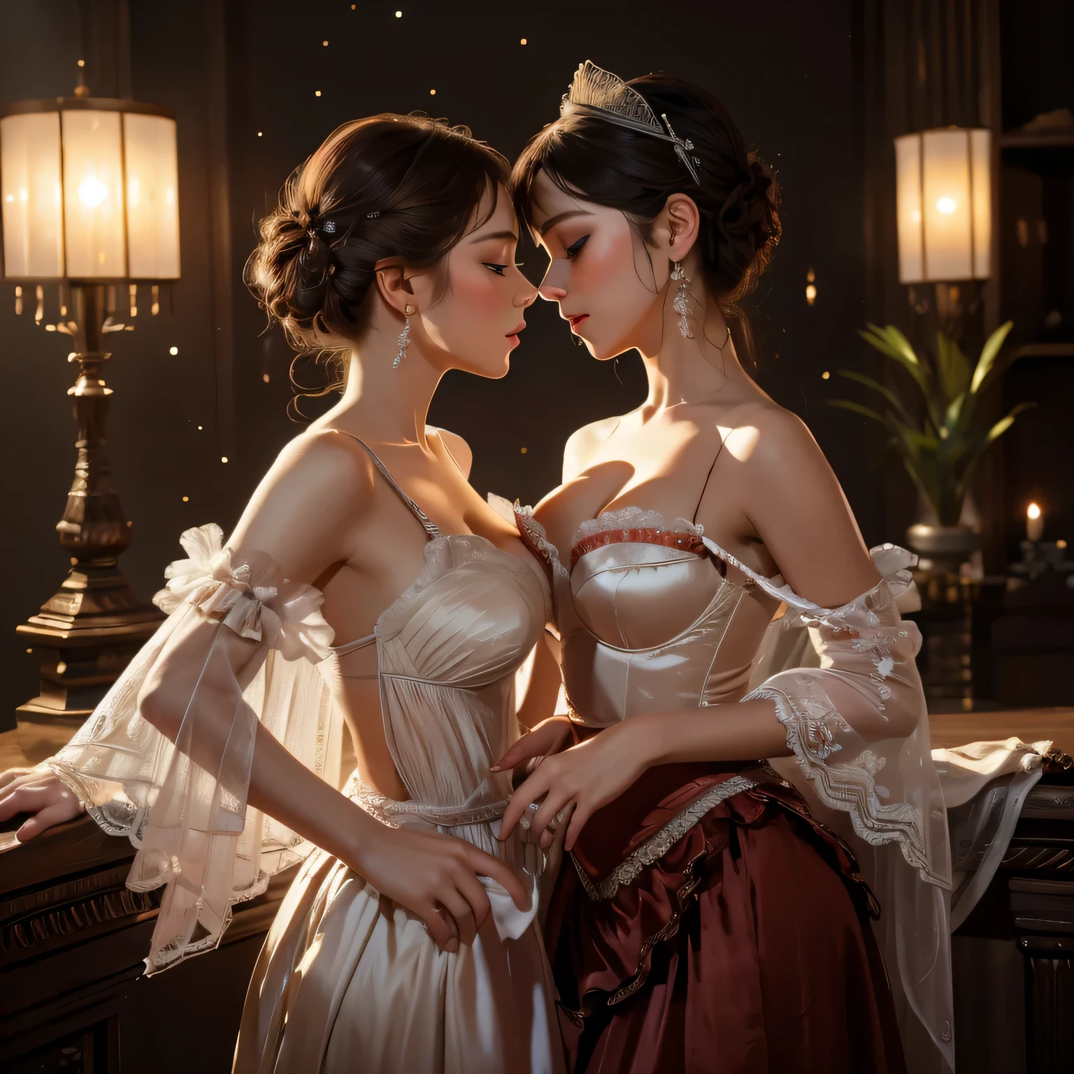 (best quality,4k,8k,highres,masterpiece:1.2),ultra-detailed,realistic:1.37,two girls kissing,long red sheer skirt,gr3ysh33r posing,beautiful detailed eyes,beautiful detailed lips,feminine and romantic atmosphere,gentle touch,soft lighting,vivid colors,romantic and intimate setting,subtle wind blowing the skirt,passionate expressions,delicate lace details,seductive and sensual embrace,dreamy and ethereal background,subdued tones,evoking love and desire,subtle blush on their cheeks,mystical and enchanting charm,whispering secrets,lost in the moment,artistic composition with dynamic angles,emotive and powerful connection,unforgettable and timeless scene,masterfully painted,impeccable attention to detail,magical and mesmerizing,artistic inspiration from Renaissance paintings,classic beauty with a modern twist,filled with love and longing,celebration of love's embrace.