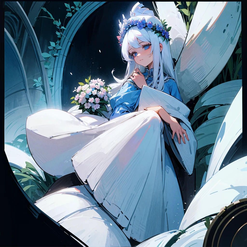 She has white hair, she is a royal princess, she is in a flower garden and she is holding flowers
