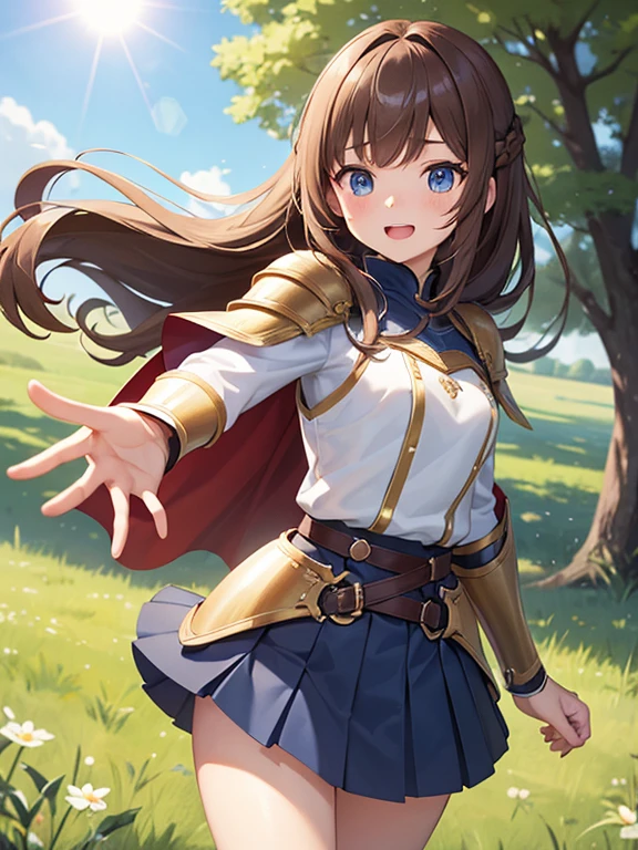 masterpiece, best quality, high resolution, (waist-cape armor pleated skirt), bangs, long hair, light brown hair, blue eyes, drooping eyes, big eyes, high school student, reaching out, laugh, grassland, lens flare, cowboy shot, hair ornaments
