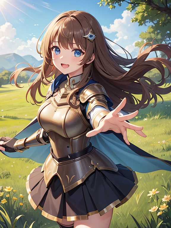 masterpiece, best quality, high resolution, (waist-cape armor pleated skirt), bangs, long hair, light brown hair, blue eyes, drooping eyes, big eyes, high school student, reaching out, laugh, grassland, lens flare, cowboy shot, hair ornaments
