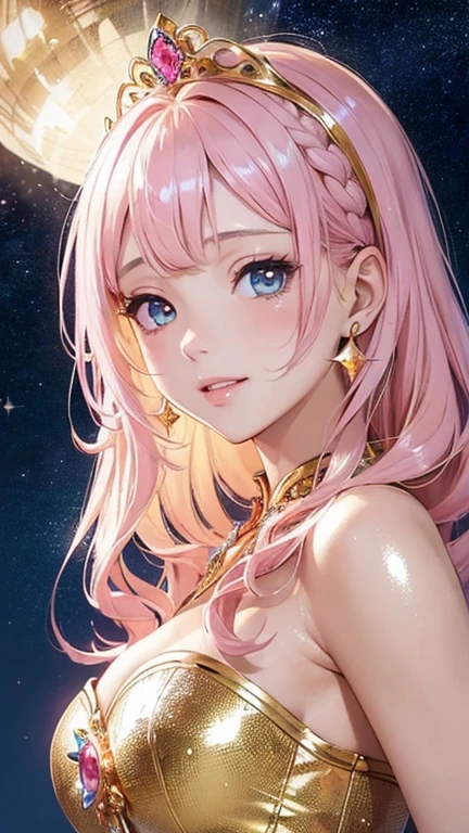 ,masterpiece、highest quality、High resolution、high quality images、8K, 1 female、skin luster、skin texture、Expression of fine eyes、(Shiny bright golden hair:1.6),Girl with long braided hair, realism, Detailed manga style, manga art style, perfect line drawing, beautiful line drawing, digital manga art girl, beautiful light blue eyes, Clear, beautiful eyes、plump lips, Detailed gorgeous face, (cute smile), charm, Front view, (perfectly detailed face), (fine hands) 、photorealistic images, Depth of written boundary, Princess hairstyle, Princess、Corolla on the head  , face forward , night sky , night view ，beautiful starry sky  , romanticism、(Princess gorgeous pink dress:1.5)、(medium breasts:1.5)、smile、blush、princess tiara、fluffy hair、Gorgeous blue sparkling earrings、Gorgeous gold bracelet、Gorgeous gold anklets、Palace balcony、Nadia: The Secret of Blue Water Necklace、(oblong face:1.5)、(Sparkling Glitter:1.2)、Cover your forehead with bangs、Bangs between the eyes、(full body:1.0)、(standing:1.3)、(portrait:1.6)