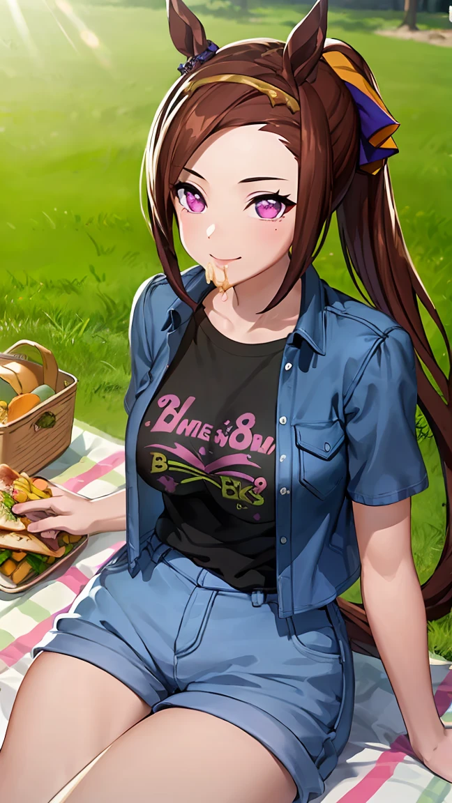 highest quality,masterpiece,High resolution,CG 8k ,super detailed images,pretty girl,one person,Sakura Bakushin Oh,ponytail,horse ears,horse tail,white shorts,black t-shirt,Denim Jacket,smile,on the lawn,eat lunch,Spread your lunch box,((Sit on a colorful picnic sheet)),Offer,