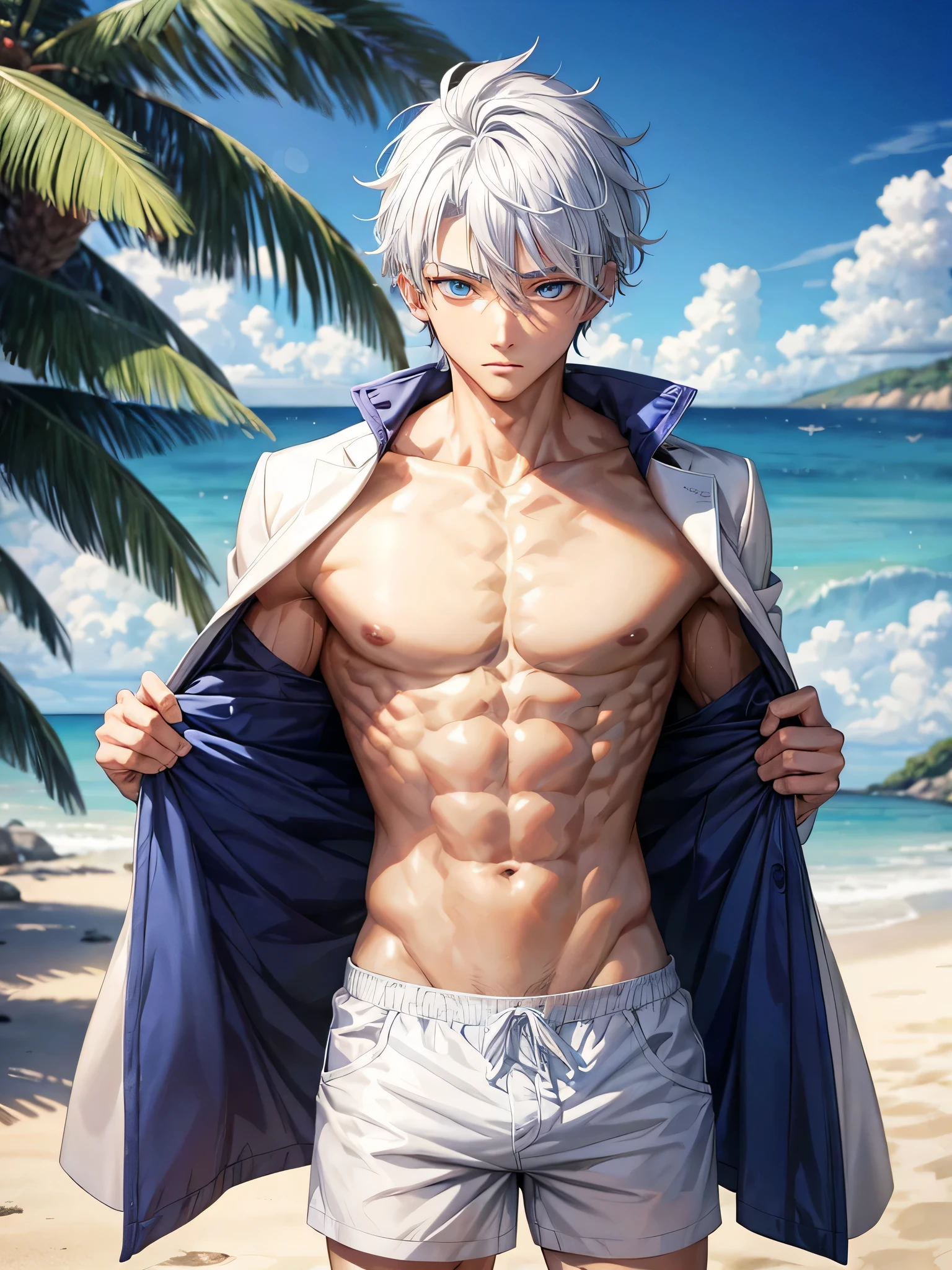 Anime guy about 15, shirtless, with blue eyes and white hair, muscular, 6 pack abs, with white shorts, on the beach