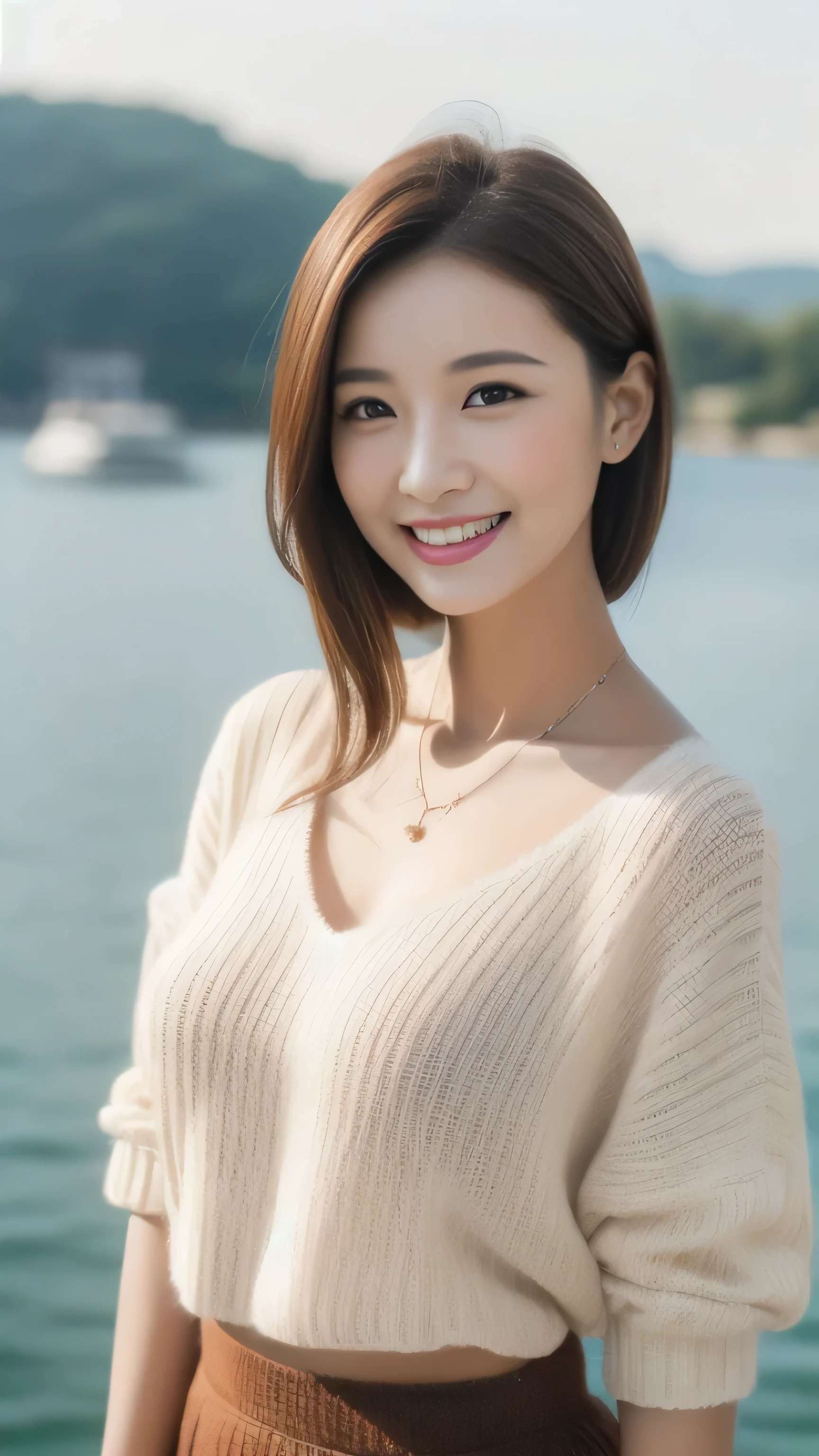 hostess face、married woman、Married woman、Beauty、Elegant、Knitted clothing、skirt、high quality、Super super realistic、healthy、smile、perfect body shape、Japanese Beauty、 necklace、perfect eyes beautiful skin、Upper body、looking at the camera、lake、on the boat