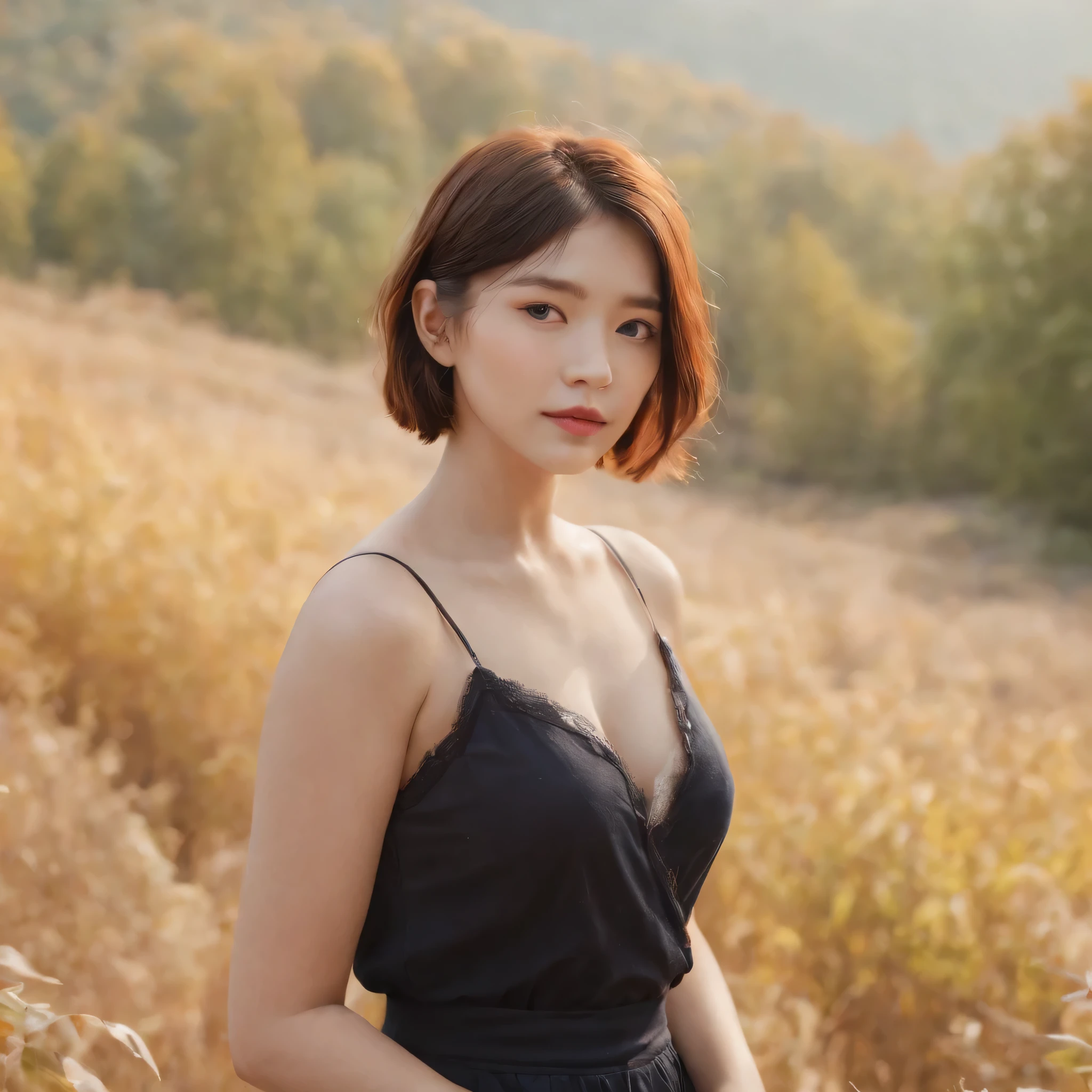 Small eyes、Short hairstyle、Little fat girl、A dark-haired、short-haired、Embarrassed face、Autumn landscape、Hair illuminated by the sun、hitornfreckles、tiny chest、Round Ass、Camisole、undergarment