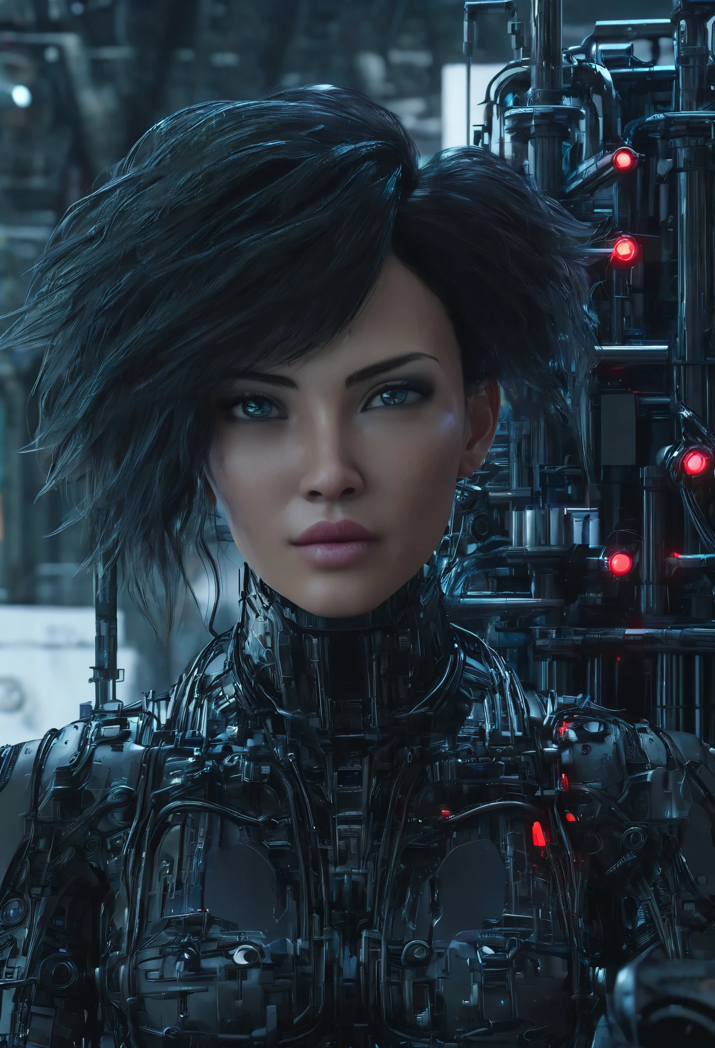 3d rendering, close-up, hyper detail front shot, focus to face, strange face with complex system equipment with hyper detail human and robot hybrid, style of Tsutomu Nihei, ghost in the shell, sci-fi, gaze, dystoia future society, gigantic complex structures background, gloomy environment, deep foggy, lighting effects from various directions, red and blue illuminations, complicated lines and rubber tubes with grunge, bolt, rivetings, dynamic lighting effects, Unreal engine 5, RTX 4090 shader, hyper detail texture with reflection, HDRI, ultra realistic, UHD, many detail 