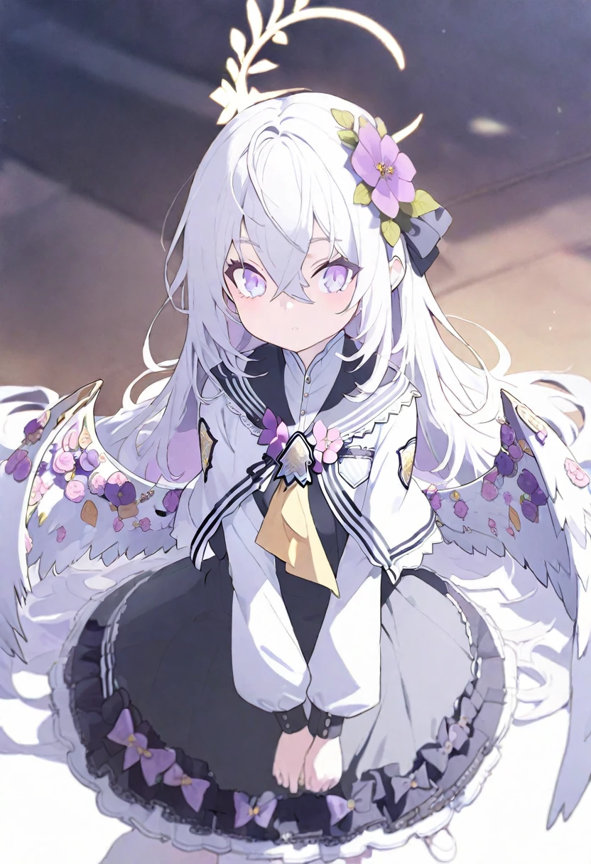azusa-default, azusa \(blue archive\),purple eyes,white hair,long hair,wings,hair flower,halo,white capelet,black sailor collar,black frilled dress,white footwear,AddXL