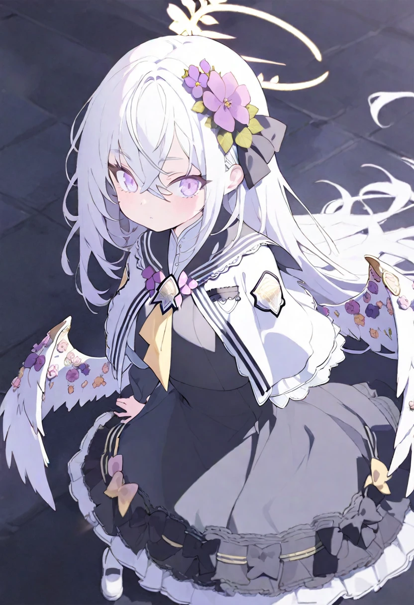 azusa-default, azusa \(blue archive\),purple eyes,white hair,long hair,wings,hair flower,halo,white capelet,black sailor collar,black frilled dress,white footwear,AddXL