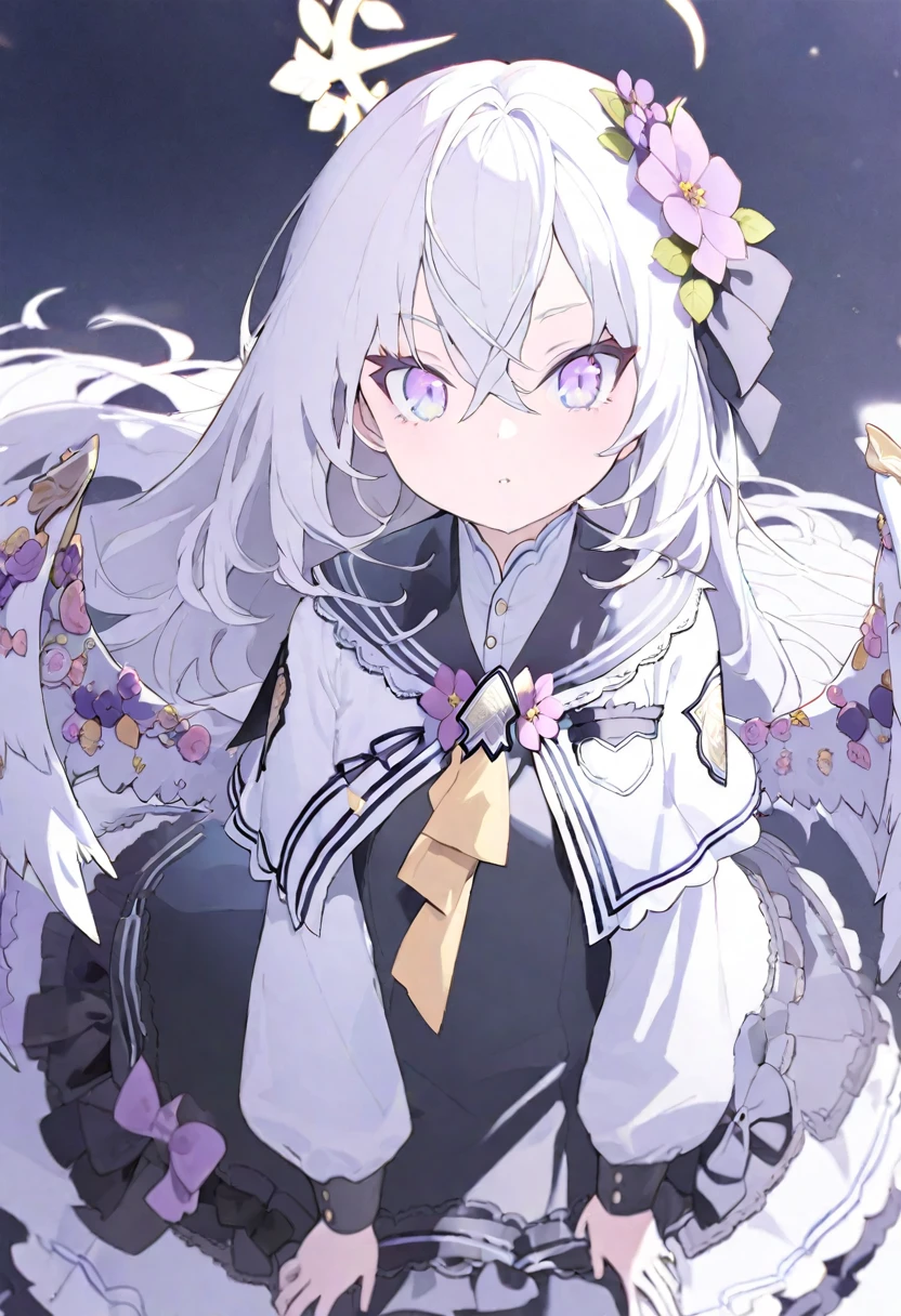 azusa-default, azusa \(blue archive\),purple eyes,white hair,long hair,wings,hair flower,halo,white capelet,black sailor collar,black frilled dress,white footwear,AddXL