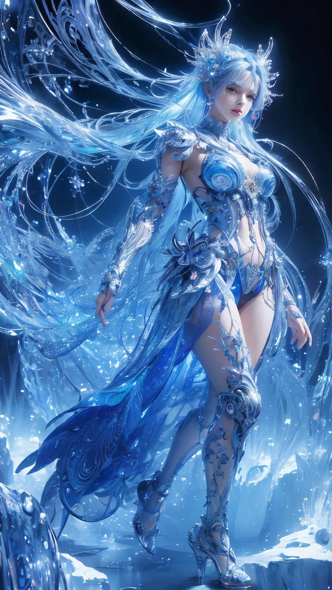 (masterpiece, top quality, best quality, official art, beautiful and aesthetic:1.2), (1girl), (fractal art:1.2),absurd, high resolution, costume making from extremely detailed transparent blue liquid, super accurate depiction, solo, (zentangle:1.2), floating hair, shiny skin, (abstract:1.2), tights, looking at viewer, complex robot , Halo,