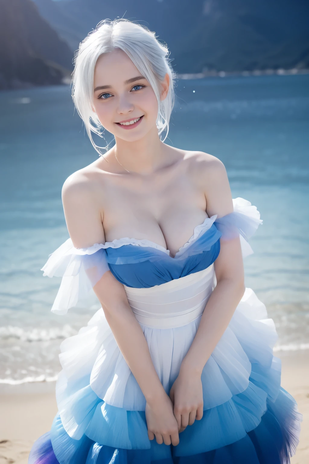 Masterpiece, Best quality, 8k, 18 years old, Raw photo, absurd, Award-winning portrait, smile, smile, pure, German, blue white ((ombre)) dress, (huge breast), white hair, blue eyes, offshoulder, open waist, ((full body))