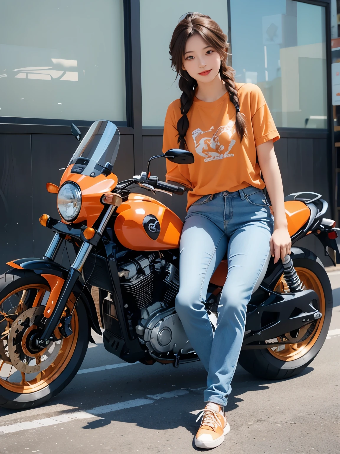 (masterpiece:1.3), (8K, realistic, Raw photo, highest quality:1.4), (realistic face), (brown hair, One knitting, braided hair:1.3), Beautiful Hairstyles, realistic eyes, Detailed and beautiful blue eyes, (realistic肌質), (beautiful skin), (((riding a motorcycle))), charm, ultra high resolution, 超realistic肌, (Natural light)、golden ratio, ((smile)), ((full body shot)), (((Orange trainer)))、((Skinny jeans and sneakers))