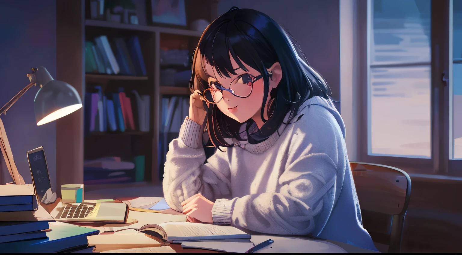 a extremely cute and beautiful girl wearing a pair of glasses and a cozy sweater.