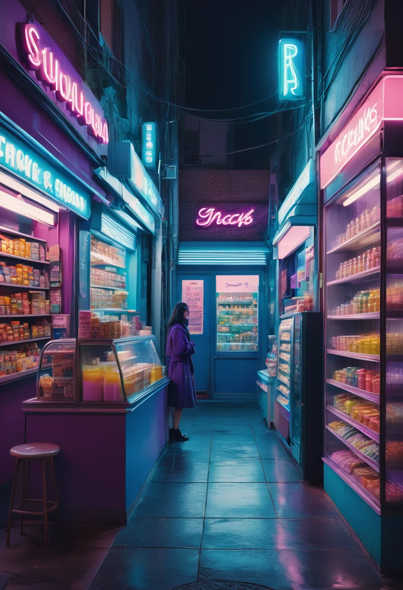 1girl, midnight convenience store, aesthetic, Neon Night page, vibrant city lights, dimly lit shelves full of snacks and drinks, a cashier with tired eyes, fluorescent lighting casting a soft glow, late-night customers browsing the aisles, flickering neon signs outside the store, a sense of mystery and solitude, a hazy atmosphere with a touch of nostalgia, cinematic and atmospheric, high-res details capturing the smallest nuances, a combination of realism and dream-like quality, urban aesthetic blending with a hint of surrealism, cool blue and purple tones, soft shadows and subtle highlights, an ambiance that evokes a sense of tranquility and possibility in the midst of the night.