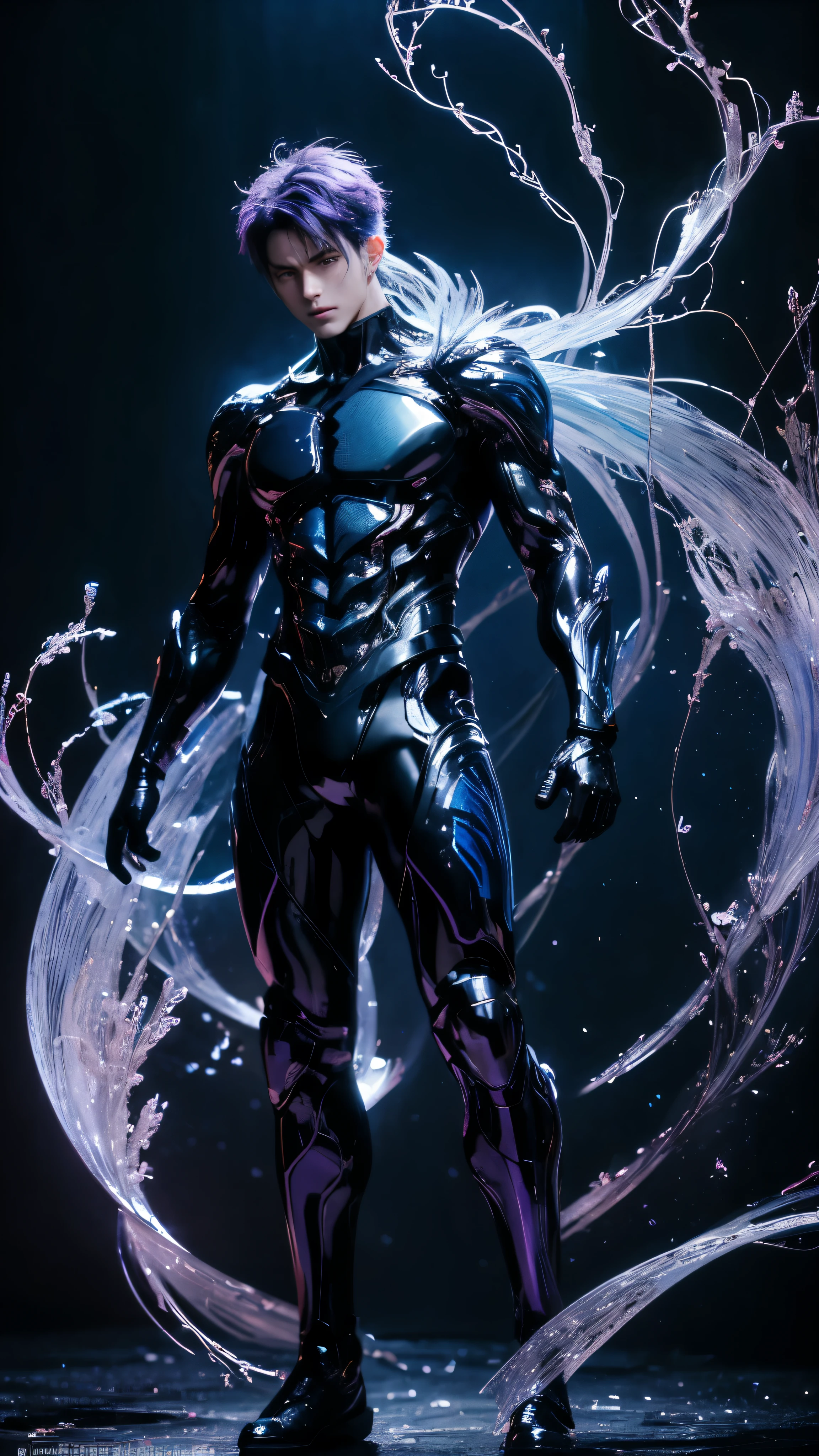 The male figure's form is a canvas of swirling blue lightning, each bolt crackling with a different hue and intensity. Reflective dark purple etching covers his body, a testament to his connection with the infernal forces of the universe. As he stands in the midst of a purple shadow, the mysterious dance of creation, destruction, and rebirth unfolds around him.