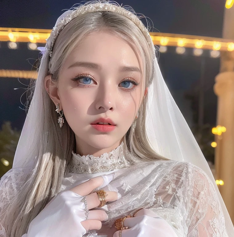 1 miniature Beautiful beautiful woman - Yuan Sayuki, ((top quality, 8K, Masterpiece:1.retty woman, 1 woman, huge breasts:1.3, a slim body:1.1, lush white Long hair, (shower, wet body, wet clothes:1.1), very detailed face, detailed lips, detailed eyes, double eyelids, Detailed blue eyes, чрезвычайно Detailed Outstanding Blue Eyes, short white wet hair, white wet hair, Detailed Outstanding Blue Eyes, innocent look at the viewer, very wet wavy white hair, Detailed Outstanding Blue Eyes, huge cross earrings, Outdoors, badges behind, gothic wedding uniform, sexy gothic style wedding dress with veil, bare chest, huge chest tattoo wearing a wreath, detailed huge earrings, chest tattoo, Outside - there are trees and a buddhist temple in the background, wear a silver cross (Detailed cross shape), reality mode, wet breasts, black necklace, black wedding dress and black veil, human crowd behind, head/forehead chain veil, black latex gloves, naked breasts, naked breasts, naked nipples, hair of white snowy colour, night time, red neon lights