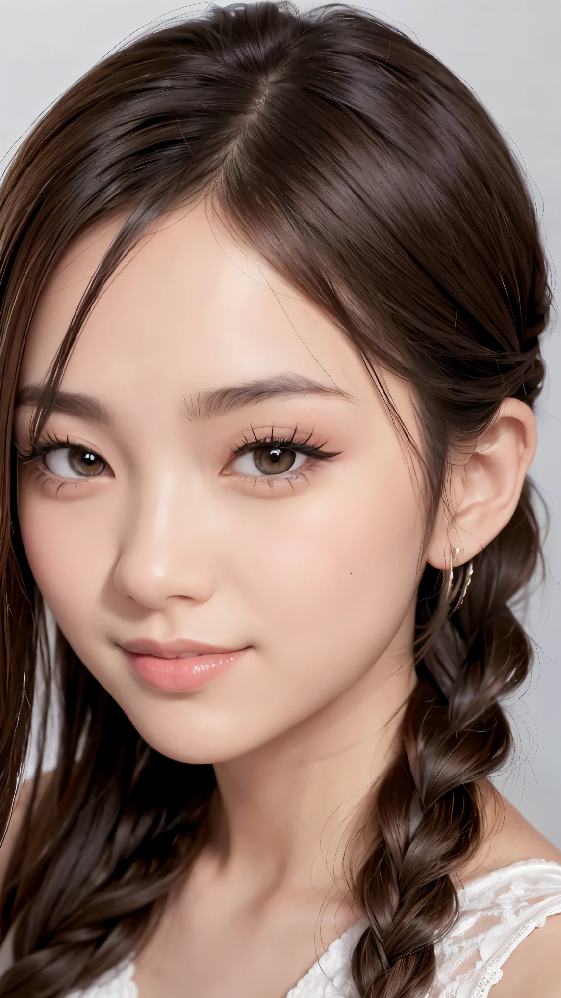 realistic, masterpiece, highest quality, highest resolution, one japanese woman, happy smile, detailed and beautiful eyes, black eye, sparkling eyes, thin eyebrows, Gives your eyelashes a delicate finish, false eyelashes, natural makeup, (braid hair, dull bangs, brown hair:1.2), detailed face, She is looking slightly to the side, but、Always watching the audience, A carefully designed white lace bra top, upper body photo, Portrait background