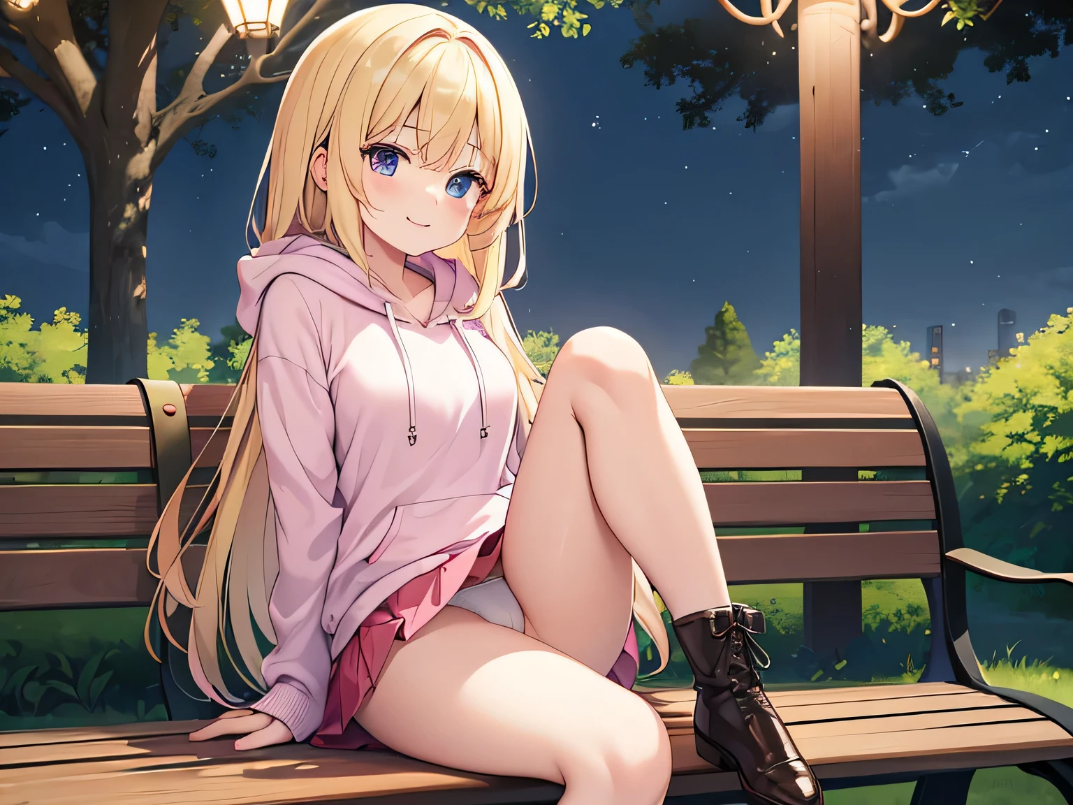 (Masterpiece, highest quality, high resolution, realistic photos, realistic looking skin:1.1),
(Woman sitting on park bench late at night:1.5),
(Her skirt is so short you can almost see her panties: 1.8),
(She has a smiling expression on her face: 1.5),
(She is wearing a red long-sleeved hoodie:1.5),
(She is wearing a navy blue pleated miniskirt:1.5),
(She is wearing brown middle boots: 1.5),
(Her panties are pink simple cotton: 1.5),
(She has long blonde hair: 1.5),
(Location: park bench surrounded by trees late at night:1.5),
1 Japanese girl, solo, full bodied esbian, beautiful eyes, glowing eyes, glowing thighs, NSFW