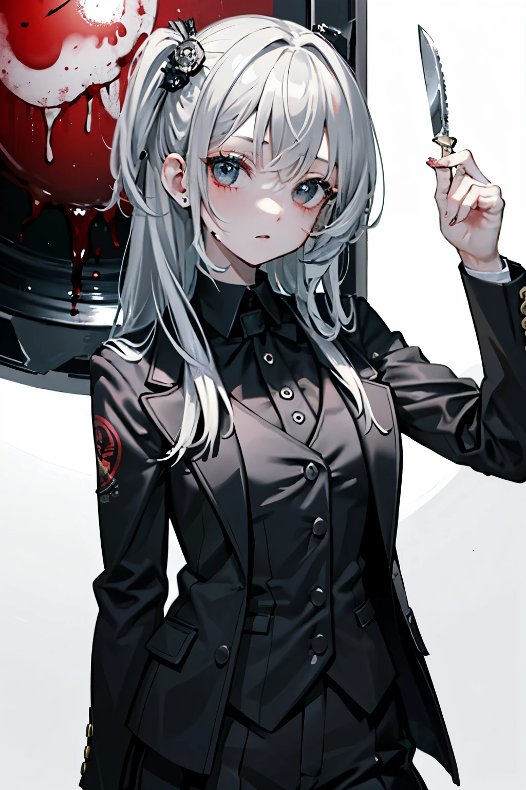 ((best quality)), ((masterpiece)), (detailed), perfect facebrandish a knife、cute、Mine girl、Black suit or jacket、 tattoo、Clean、Blood、