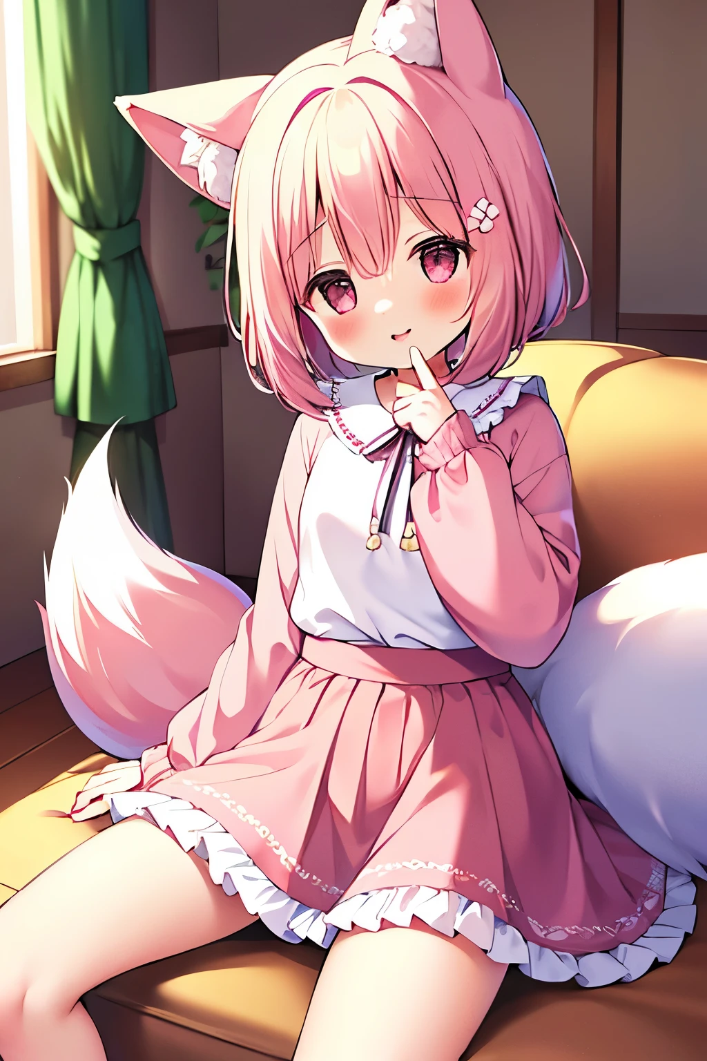 (((masterpiece))), (((最high quality))), (((high quality))), (((beautiful))), (((8K))), (((High resolution)) (((超High resolution))), (((High resolution))), (pink short hair:1.3), (Pink fox tail:1.4), (Pink fox tail:1.2), Pink fox ears with white tips, (pink eyes), small breasts, (cowboy shot:1.3), (laughter), (living room:1.4), (sitting on the sofa:1.4), (flower pot:1.4), (long sleeve), (Long maxi skirt:1.4), (ribbon, frills)