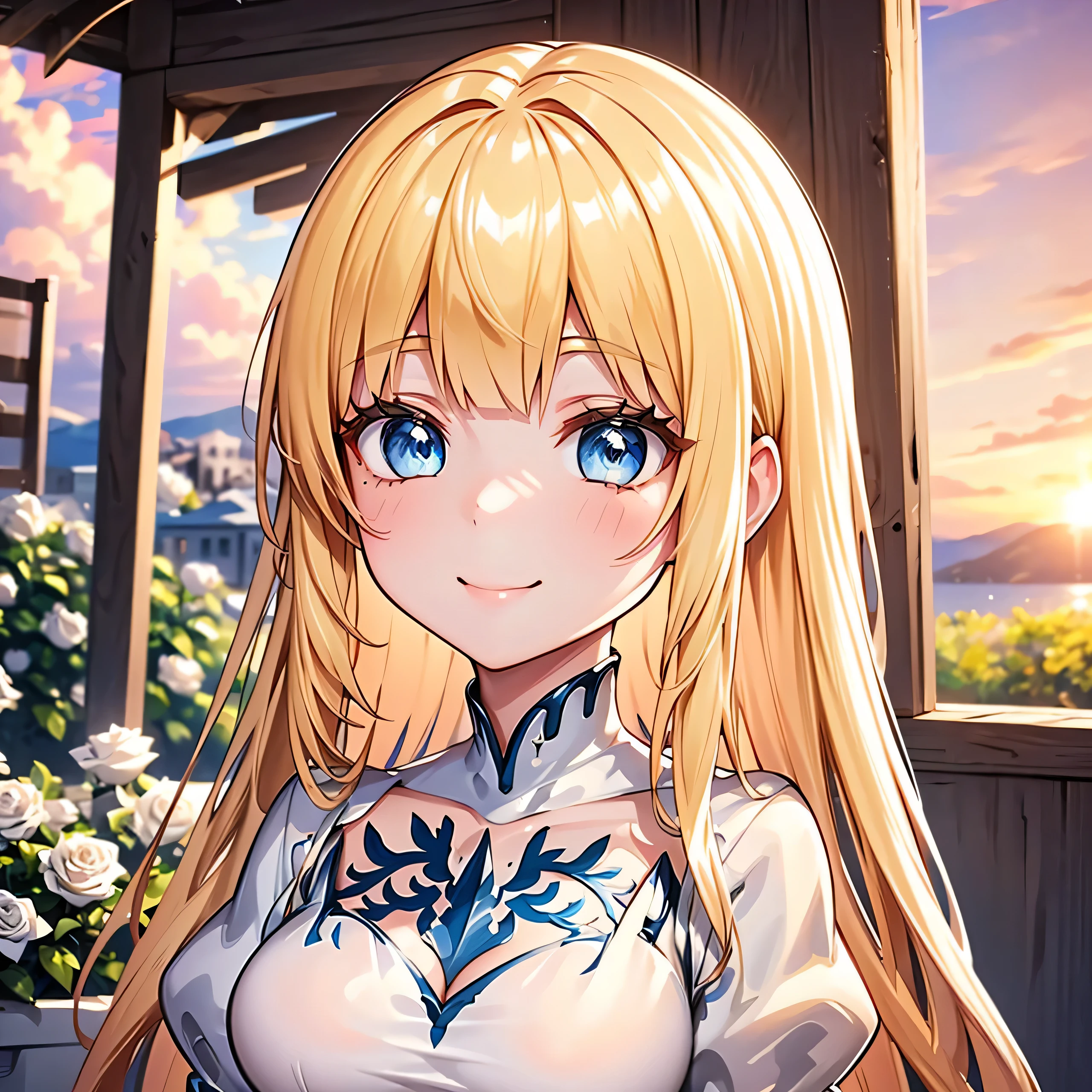 Best picture quality, 4k, Masterpiece, young girl, white historical coat, Greece, High quality, Highly detailed, HD, 4k, anime style, best quality, high resolution, unity wallpaper 8k, illustration, perfect light, Very detailed CG, Beautifully detailed eyes, Very detailed face, delicate facial features, 1 girl, Calcutta, blonde hair, My hair is very long., white crown, The crown on her head, white dress, blue eyes, Medium bust, holy kingdom background, white castle, White fence, dignified posture, Whitening & gentle skin, young, Smiling happily at the audience, cute feeling, Blush, Excellent posture, Orange sky and white clouds, sunset, White Roses, upper body,