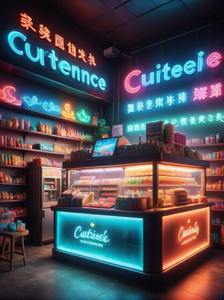 (一家cute而欢乐的午夜便利店),(1个由各种cute的水果组成的店员正在整理货物:1.7),Thick fog shrouded,Neon lights闪烁,Colorful,Bright and colorful,dramatic lighting,Fantasy,Fantasy,cute,Exquisite convenience store interior,Thick fog pervades,Neon lights,Detailed convenience store interior,Mood lighting,Stand behind the counter,highest quality,8k,high resolution,(master level:1.2),Super details,Realistic,(Photorealism:1.3)