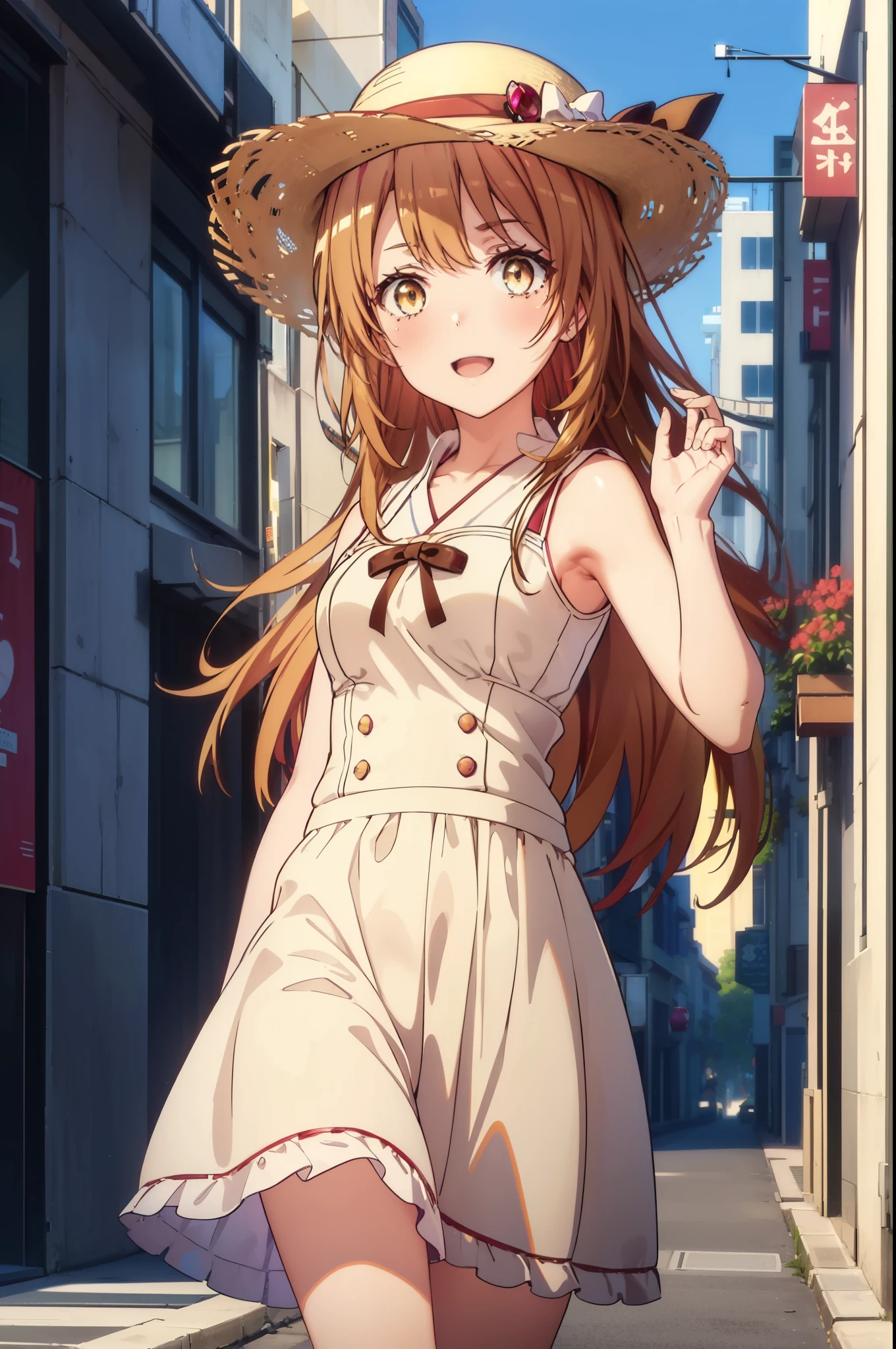 irohaisshiki, Isshiki Iroha, long hair, light brown hair, (Brown ruby eyes:1.5), White long skirt integrated dress,Cute Sandals,straw hat,happy smile, smile, open your mouth,daytime,clear sky,Looking down from top to bottom,whole bodyがイラストに入るように,
break outdoors ,building street,city,
break looking at viewer,whole body,(cowboy shot:1. 1)
break (masterpiece:1.2), highest quality, High resolution, unity 8k wallpaper, (shape:0.8), (beautiful and detailed eyes:1.6), highly detailed face, perfect lighting, Very detailed CG, (perfect hands, perfect anatomy),