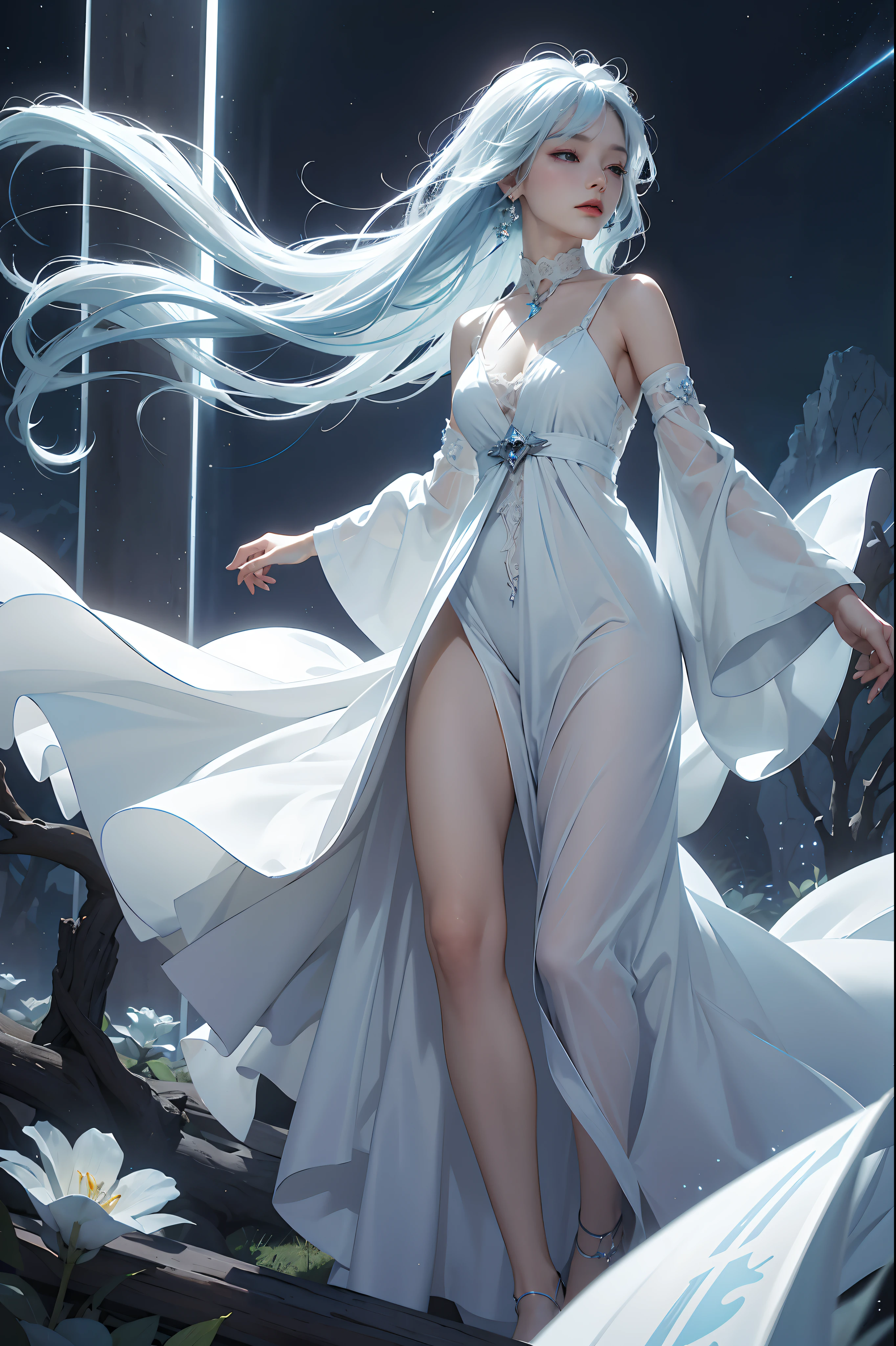 Diva, ghostly, Surreal, Blue-white hair, Fairytale landscape, orchestration, symphony of sleep, twilight dress, floating among dreams, Deep night, lullaby of the subconscious, dream orchestration scene,neck,Unity