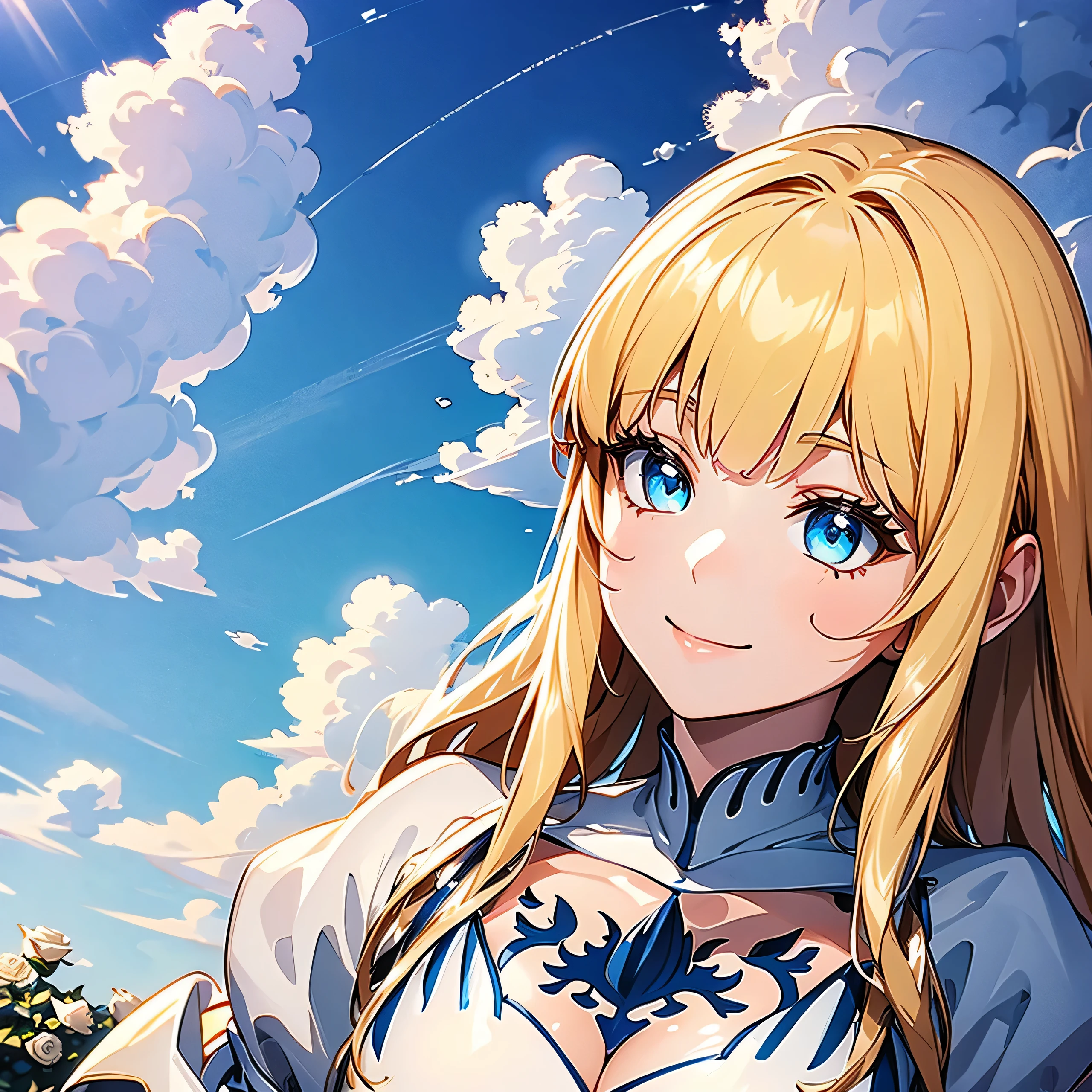 Best picture quality, 4k, Masterpiece, young girl, white historical coat, Greece, High quality, Highly detailed, HD, 4k, anime style, best quality, high resolution, unity wallpaper 8k, illustration, perfect light, Very detailed CG, Beautifully detailed eyes, Very detailed face, 1 girl, Calcutta, blonde hair, My hair is very long., white crown, The crown on her head, white dress, blue eyes, Medium bust, holy kingdom background, white castle, dignified posture, Whitening & gentle skin, cute and soft, young, smile, cute feeling, Excellent posture, blue sky and white clouds, White Roses, Cowboy Shot,