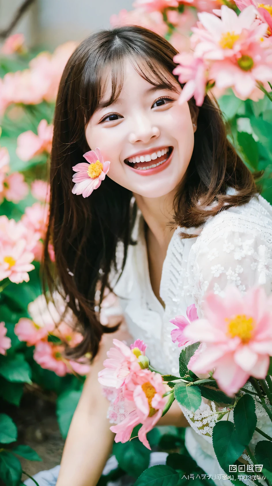 (Raw photo, highest quality), (64K, highest quality, masterpiece: 1.2), Super detailed, super resolution, a beautiful girl, with flowers, (huge Laughing:1.2), (open mouth:1.1), (wide open eyes)