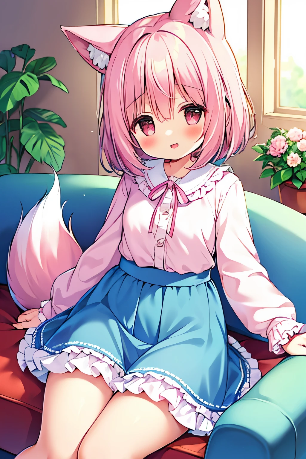 (((masterpiece))), (((最high quality))), (((high quality))), (((beautiful))), (((8K))), (((High resolution)) (((超High resolution))), (((High resolution))), (pink short hair:1.3), (Pink fox tail:1.4), (Pink fox tail:1.2), Pink fox ears with white tips, (pink eyes), small breasts, (cowboy shot:1.3), (laughter), (living room:1.4), (sitting on the sofa:1.4), (flower pot:1.4), (long sleeve), (Blue long maxi skirt:1.6), (ribbon, frills)