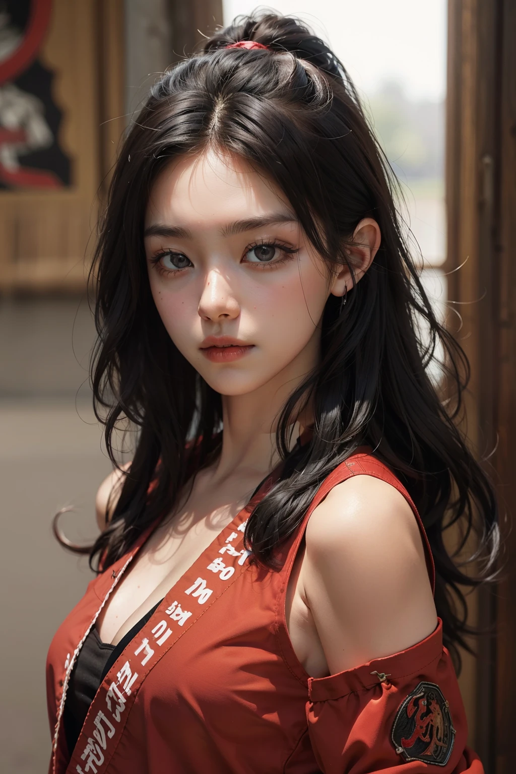 ((best quality)), ((masterpiece)), (detailed), perfect face.red gi.black long straight hair.open top.Martial artist
