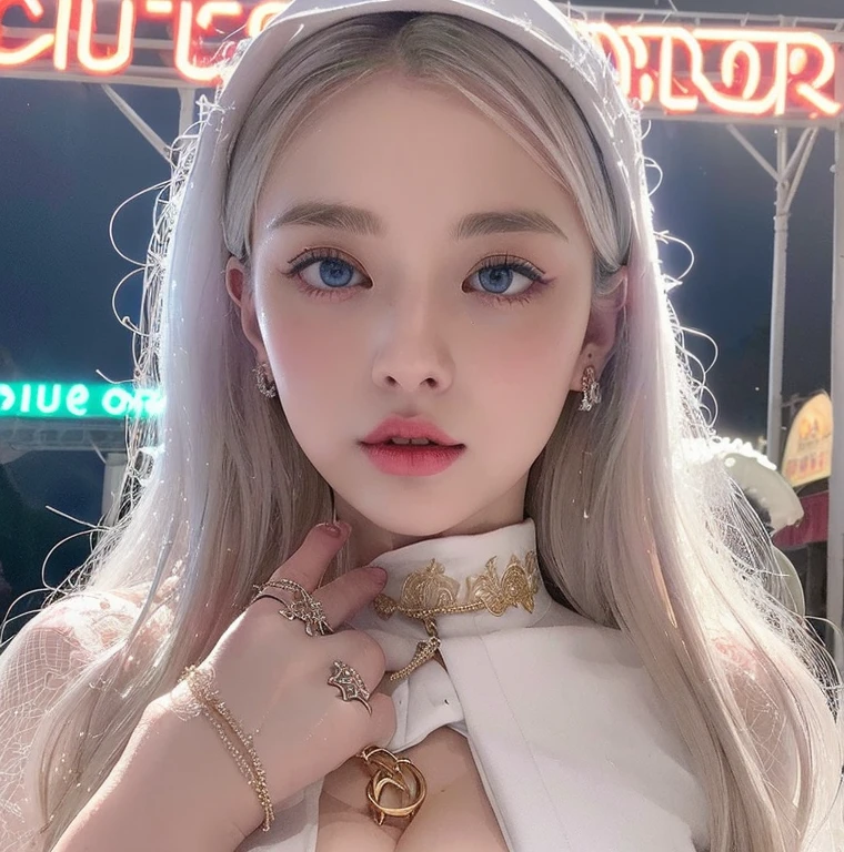 1 miniature Beautiful beautiful woman - Yuan Sayuki, ((top quality, 8K, Masterpiece:1.retty woman, 1 woman, huge breasts:1.3, a slim body:1.1, lush white short hair, (shower, wet body, wet clothes:1.1), very detailed face, detailed lips, detailed eyes, double eyelids, Detailed blue eyes, чрезвычайно Detailed Outstanding Blue Eyes, short white wet hair, white wet hair, Detailed Outstanding Blue Eyes, innocent look at the viewer, very wet wavy white hair, Detailed Outstanding Blue Eyes, huge cross earrings, Outdoors, badges behind, gothic wedding uniform, sexy gothic style wedding dress with veil, bare chest, huge chest tattoo wearing a wreath, detailed huge catholic cross earrings, chest tattoo, Outside - there are trees and a buddhist temple in the background, wear a silver cross (Detailed cross shape), reality mode, wet breasts, black necklace, black wedding dress and black veil, human crowd behind, head/forehead chain veil, black latex gloves, naked breasts, naked breasts, naked nipples, hair of white snowy colour, night time, red neon lights, demonic nun, nimbus (golden lighting ring above her head), angel