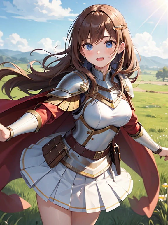 masterpiece, best quality, high resolution, (valkyrie armor knight pleated skirt), red cloak,  bangs, long hair, light brown hair, blue eyes, drooping eyes, big eyes, high school student, reaching out, laugh, grassland, lens flare, cowboy shot, hair ornaments
