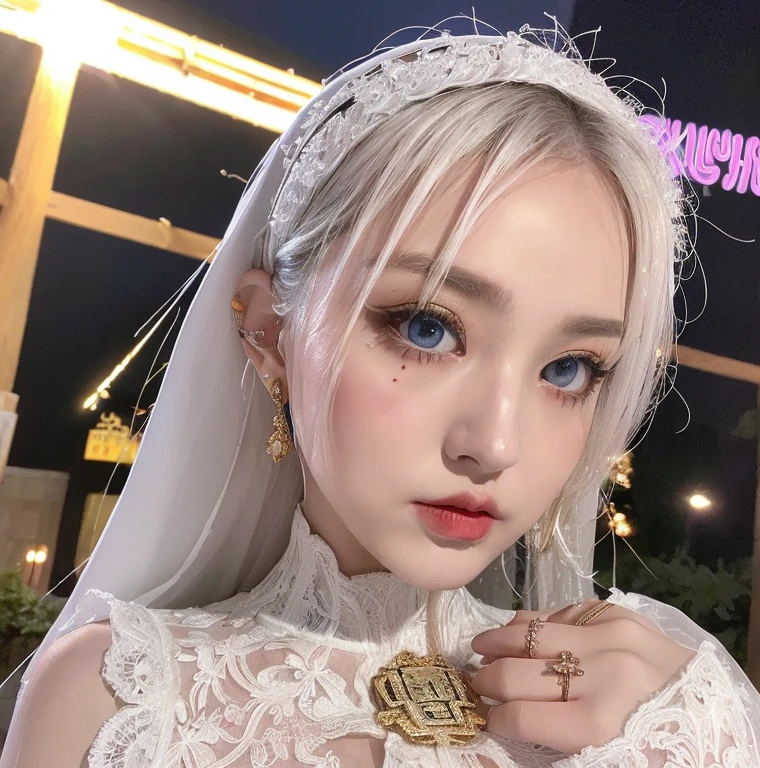 1 miniature Beautiful beautiful woman - Yuan Sayuki, ((top quality, 8K, Masterpiece:1.retty woman, 1 woman, huge breasts:1.3, a slim body:1.1, lush white Long hair, (shower, wet body, wet clothes:1.1), very detailed face, detailed lips, detailed eyes, double eyelids, Detailed blue eyes, чрезвычайно Detailed Outstanding Blue Eyes, short white wet hair, white wet hair, Detailed Outstanding Blue Eyes, innocent look at the viewer, very wet wavy white hair, Detailed Outstanding Blue Eyes, huge cross earrings, Outdoors, badges behind, gothic wedding uniform, sexy gothic style wedding dress with veil, bare chest, huge chest tattoo wearing a wreath, detailed huge earrings, chest tattoo, Outside - there are trees and a buddhist temple in the background, wear a silver cross (Detailed cross shape), reality mode, wet breasts, black necklace, black wedding dress and black veil, human crowd behind, head/forehead chain veil, black latex gloves, naked breasts, naked breasts, naked nipples, hair of white snowy colour, night time, red neon lights, demonic nun, nimbus (golden lighting ring above her head)