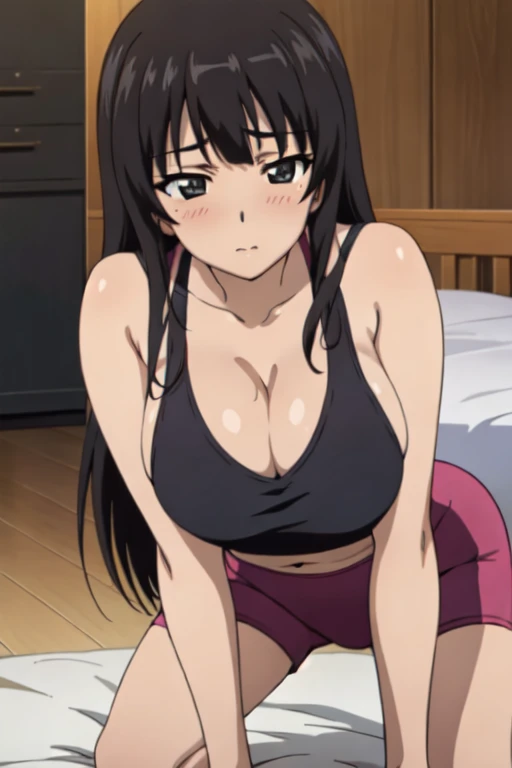 (anime cels style, masterpiece, best quality, high resolution, megami magazine, anime poster style, sharp, 8k), (beautiful eyes:1.2), nishizumi_shiho_(girls_und_panzer), 1girl, black hair, long hair, black eyes, blush, (natural large breast), (lose sportbra:1.5), (doggystyle:1.5), (all fours, front viewer:1.5), bed, (perfect detailed anatomy, beautiful face, perfect body, perfect arms, shiny skin),