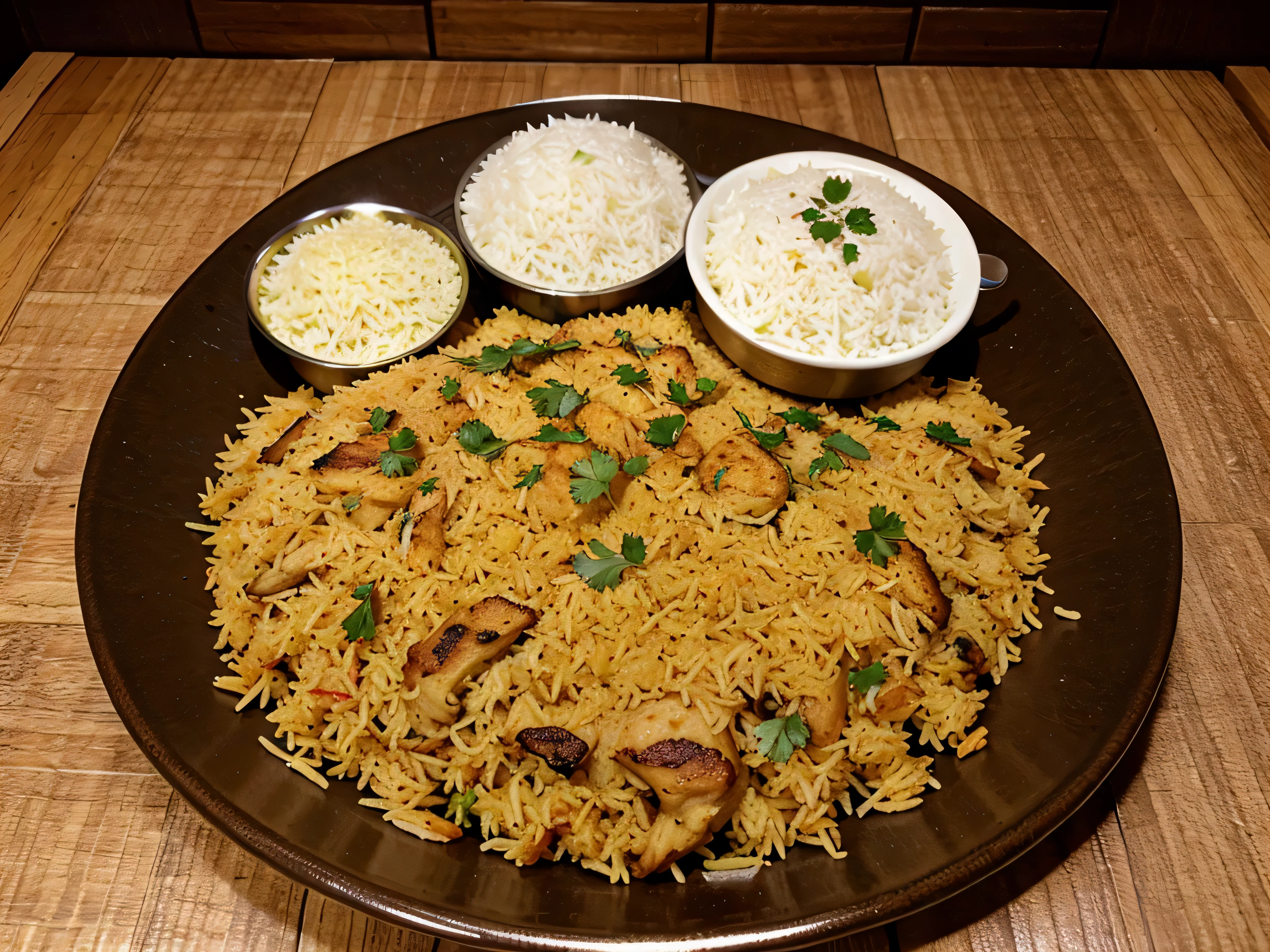 Indian Chiken biriyani, in plate, in middle of photo, no humans, only chiken piece and rice in the plate