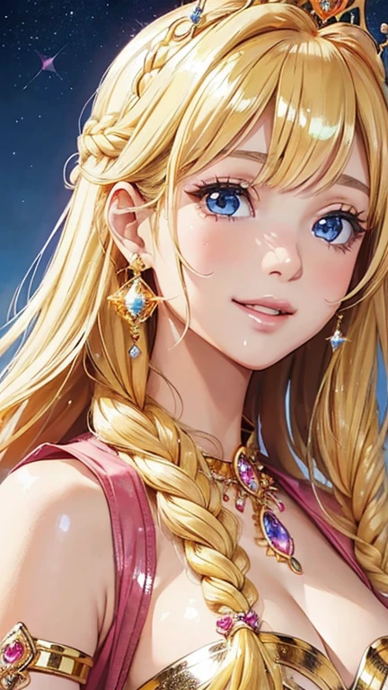 nsfw,masterpiece、highest quality、High resolution、high quality images、8K, 1 female、skin luster、skin texture、Expression of fine eyes、(Shiny bright golden hair:1.8),Girl with long braided hair, realism, Detailed manga style, manga art style, perfect line drawing, beautiful line drawing, digital manga art girl, beautiful light blue eyes, Clear, beautiful eyes、plump lips, Detailed gorgeous face, (cute smile), charm, Front view, (perfectly detailed face), (fine hands) 、photorealistic images, Depth of written boundary, Princess hairstyle, Princess、Corolla on the head , face forward , night sky , night view ,beautiful starry sky , romanticism、(Princess gorgeous pink dress:1.5)、(medium breasts:1.5)、smile、blush、princess tiara、Fluffy blonde、Gorgeous blue sparkling earrings、Gorgeous gold bracelet、Gorgeous gold anklets、Palace balcony、Nadia: The Secret of Blue Water Necklace、(oblong face:1.5)、(Sparkling Glitter:1.2)、Cover your forehead with bangs、Bangs between the eyes、(full body:1.0)、(standing:1.3)、(portrait:1.6)