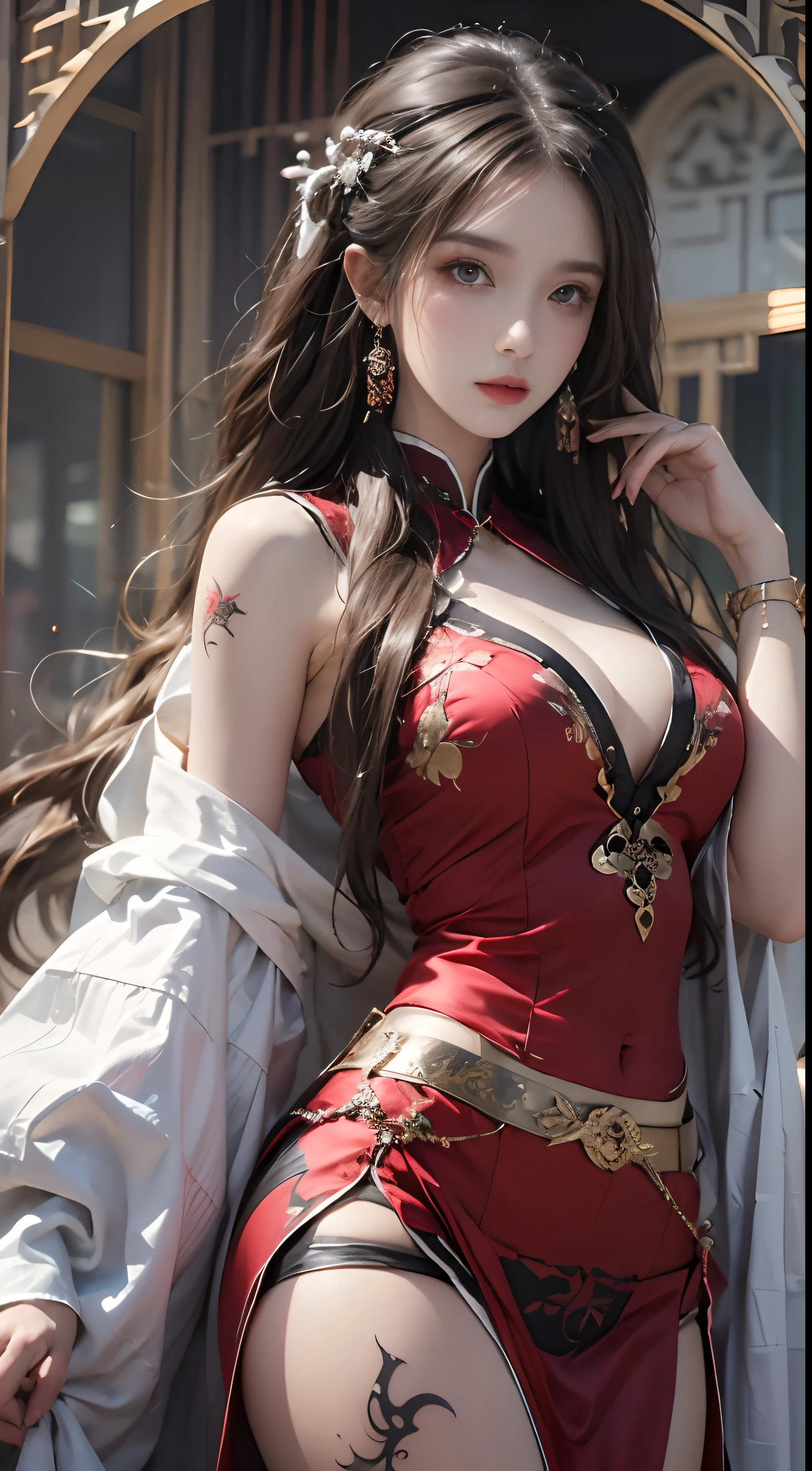 Photorealistic, A high resolution, 1 woman, hips up, beautiful eyes, long hair, eyes with rings, Jewelry, tattoo, Hanfu, Chinese fairy, Taoist uniform