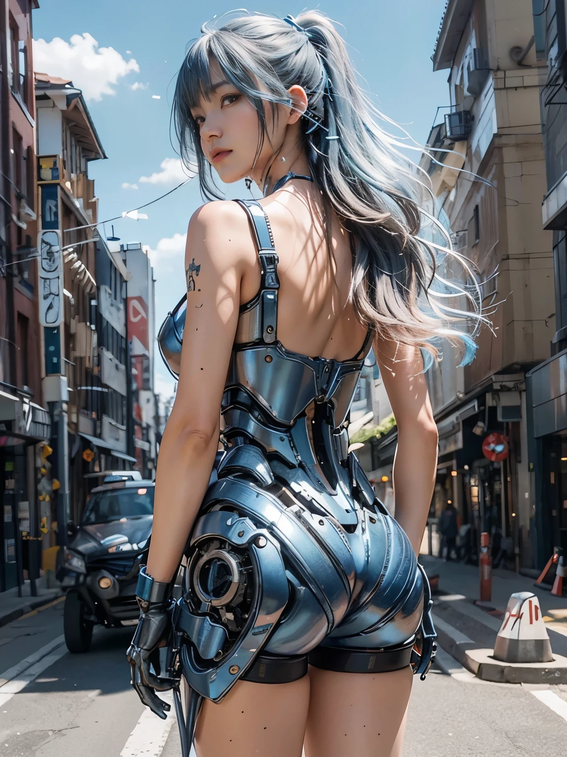 (masterpiece, best quality:1.2), (8k uhd, 16k, 32k, ultra high res), (photorealistic:1.37), (RAW photo), ultimate-realistic, ultimate-realistic details, ultimate-realistic texture, ultimate-intricate details, ultimate-realistic lighting, ultimate-realistic shadow, japanese girl, ultimate-cute face, ultimate-RAW skin, ultimate-realistic eyes, cyborgized Japanese woman, extremely ultra cute face, , skinny body, flat chest,  (blue metallic mechanical frame:1.5), (Power cables connected throughout the body), detaile up, Instead of hair, there are cables growing out of it, mechanical fusion, mechanical skeleton, bio mechanics, mechanical life-form, highly intricate detail, extremely ultra real texture, human-like skin, realistic hair, ultra realistic details, professional lighting, (realistic:1.4), (RAW photo:1.2), (photorealistic:1.5)