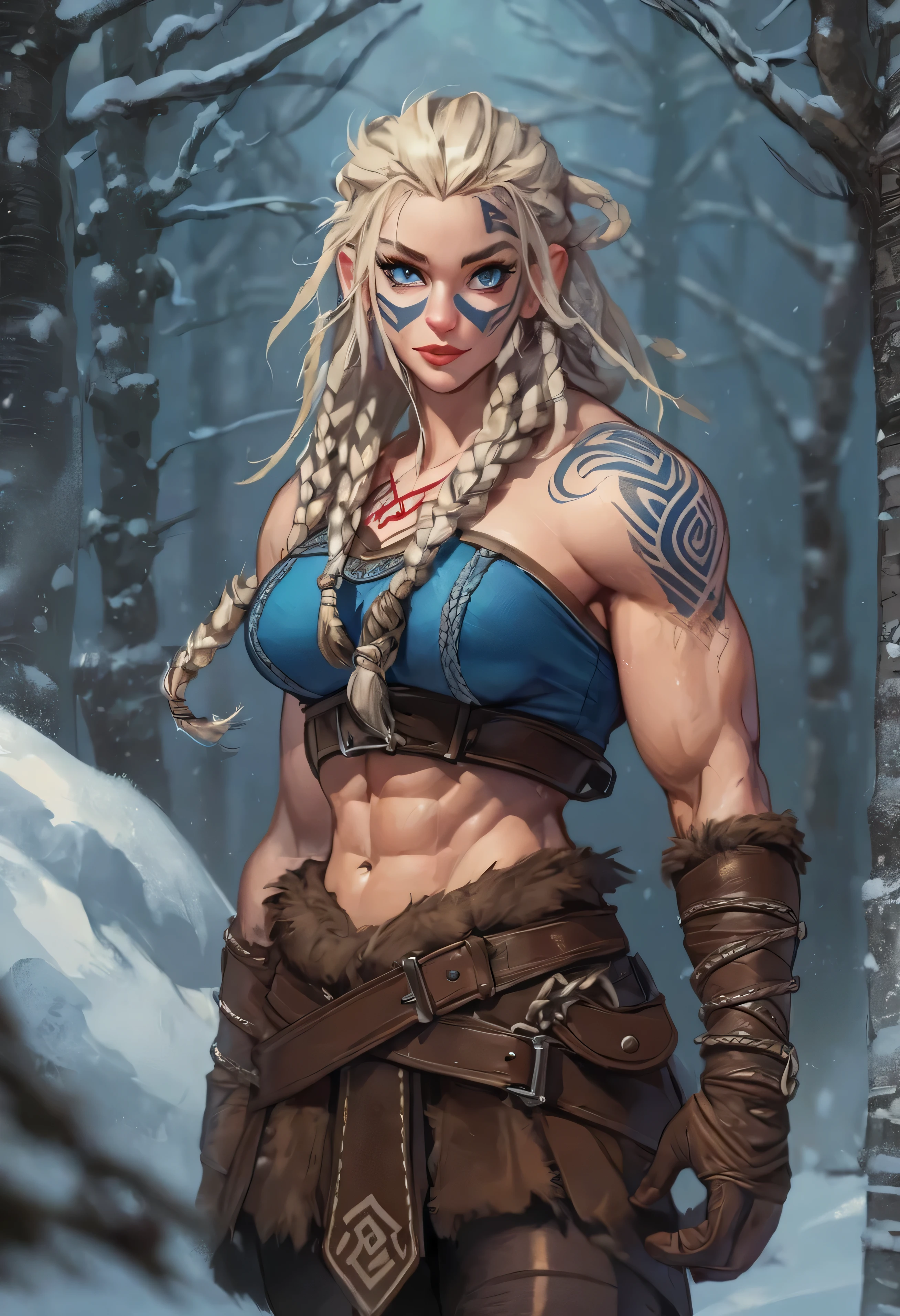 solo Female viking, (young:1.2), (muscular:1.2), fit, wearing brown furs and hides, (wearing furs:1.3) (blue norse tattoos:1.2), blue eyes, platinum blonde hair, (Dreadlocks:1.7), (Dreads:1.4), (Sideshave:1.6), warrior hair, Setting is a Scandinavian forest in winter, snow, bare arms, exposed naval, (abs:1.2). Highly detailed, norse, berserker, arm muscles, leg muscles, (bulky:1.2), leather straps, (large breasts:1.3), waist up, wide waist, stocky, (tall:1.4)