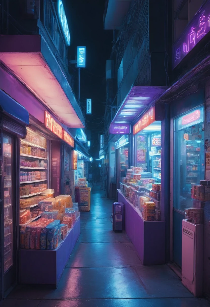 1girl, midnight convenience store, aesthetic, Neon Night page, vibrant city lights, dimly lit shelves full of snacks and drinks, a cashier with tired eyes, fluorescent lighting casting a soft glow, late-night customers browsing the aisles, flickering neon signs outside the store, a sense of mystery and solitude, a hazy atmosphere with a touch of nostalgia, cinematic and atmospheric, high-res details capturing the smallest nuances, a combination of realism and dream-like quality, urban aesthetic blending with a hint of surrealism, cool blue and purple tones, soft shadows and subtle highlights, an ambiance that evokes a sense of tranquility and possibility in the midst of the night.