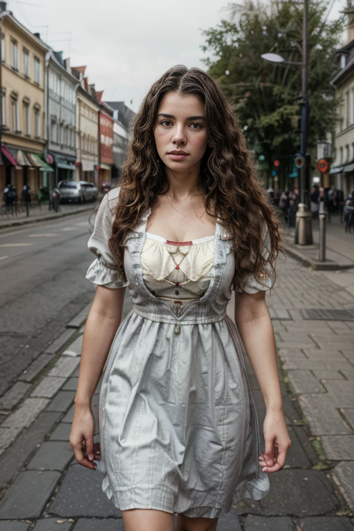 full body photograph of a brunette woman with wavy hair, 21 years old, realistic photo, in street, (dirndl dress)