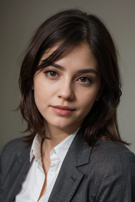 Photorealistic professional headshot dark haired attractive girl business woman