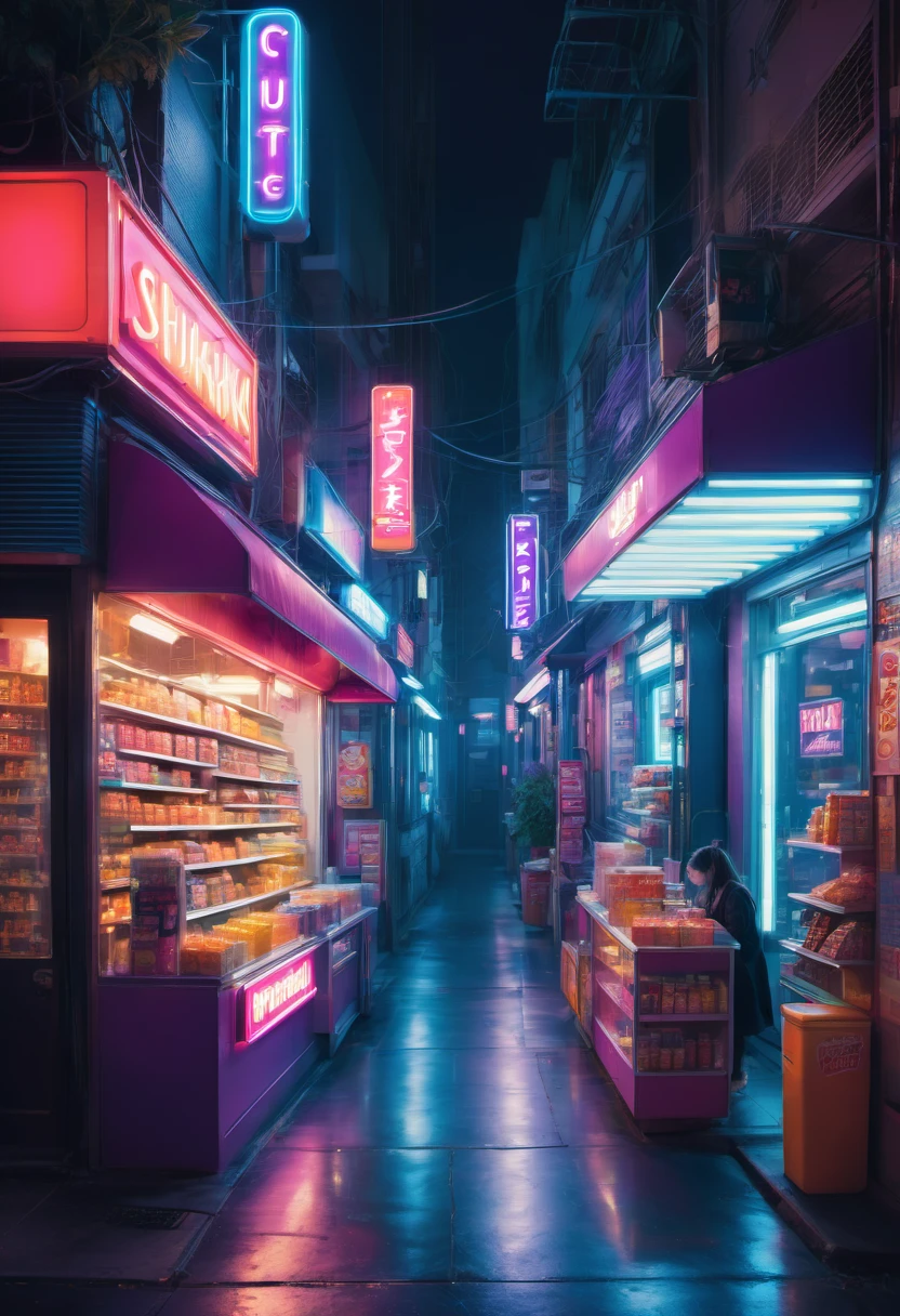 1girl, midnight convenience store, aesthetic, Neon Night page, vibrant city lights, dimly lit shelves full of snacks and drinks, a cashier with tired eyes, fluorescent lighting casting a soft glow, late-night customers browsing the aisles, flickering neon signs outside the store, a sense of mystery and solitude, a hazy atmosphere with a touch of nostalgia, cinematic and atmospheric, high-res details capturing the smallest nuances, a combination of realism and dream-like quality, urban aesthetic blending with a hint of surrealism, cool blue and purple tones, soft shadows and subtle highlights, an ambiance that evokes a sense of tranquility and possibility in the midst of the night.