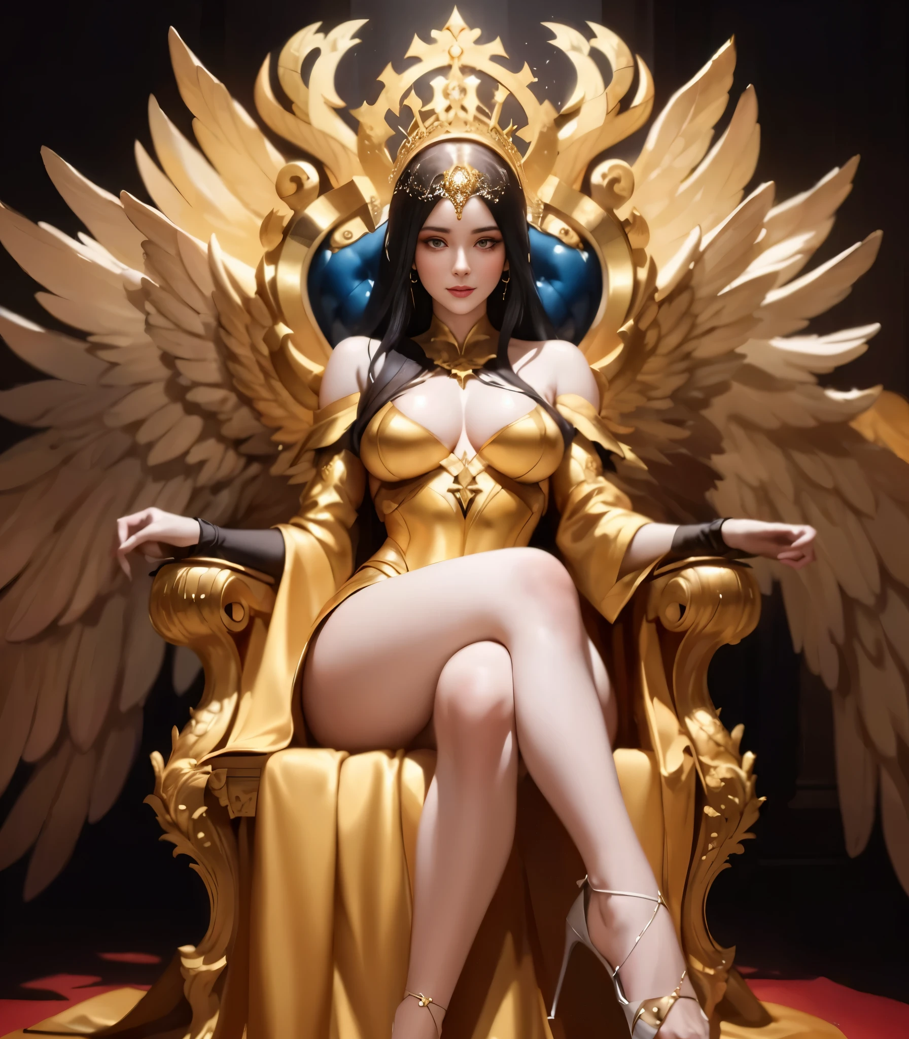 a painting of a woman sitting on a throne with wings, karol bak and peter mohrbacher, style of karol bak, sitting in a gilded throne, karol bak uhd, by Aleksi Briclot, sitting on a golden throne, hyperdetailed | donato giancola, sitting on golden throne, goddess. extremely high detail