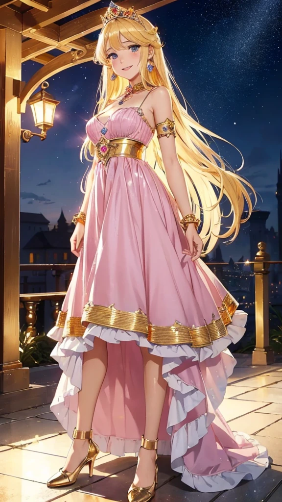 nsfw,masterpiece、highest quality、High resolution、high quality images、8K, 1 female、skin luster、skin texture、Expression of fine eyes、(Shiny bright golden hair:1.8),Girl with long braided hair, realism, Detailed manga style, manga art style, perfect line drawing, beautiful line drawing, digital manga art girl, beautiful light blue eyes, Clear, beautiful eyes、plump lips, Detailed gorgeous face, (cute smile), charm, Front view, (perfectly detailed face), (fine hands) 、photorealistic images, Depth of written boundary, Princess hairstyle, Princess、Corolla on the head , face forward , night sky , night view ,beautiful starry sky , romanticism、(Princess gorgeous pink dress:1.5)、(medium breasts:1.5)、smile、blush、princess tiara、Fluffy blonde、Gorgeous blue sparkling earrings、Gorgeous gold bracelet、Gorgeous gold anklets、Palace balcony、Nadia: The Secret of Blue Water Necklace、(oblong face:1.5)、(Sparkling Glitter:1.2)、Cover your forehead with bangs、Bangs between the eyes、(full body:1.6)、(standing:1.3)、(portrait:1.0)