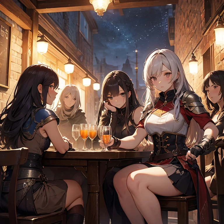 A group of female medieval fantasy adventurers, (in tavern), various hair styles, harem, night, details face, short skirt, seducing, sleeveless, armor