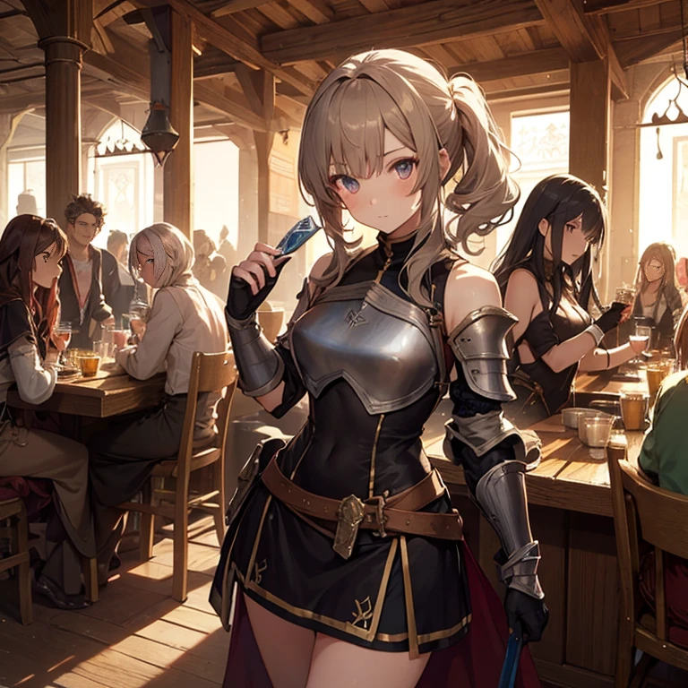 A group of female medieval fantasy adventurers, (in tavern), various hair styles, harem, night, details face, short skirt, seducing, sleeveless, armor