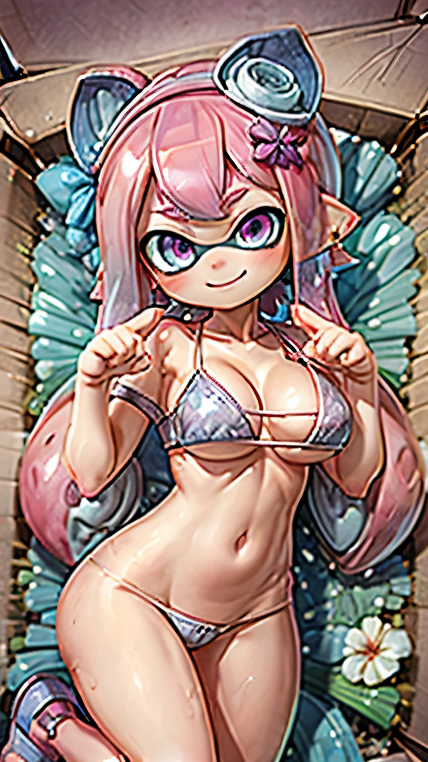 Splatoon Girl 、3D,real anime、((super big breasts))、in_box、Sturdy box、Many flowers in a box with a girl、pink tentacle hair、((cleavage、Pose that emphasizes the chest、Sexy dynamic pose))、wide open smile、big and cute eyes、beautiful eyeicro bikini、cheek、Lipstick、